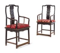 A Pair of Chinese Brown Lacquered Elmwood Scholar's Armchairs, Guanmaoyi