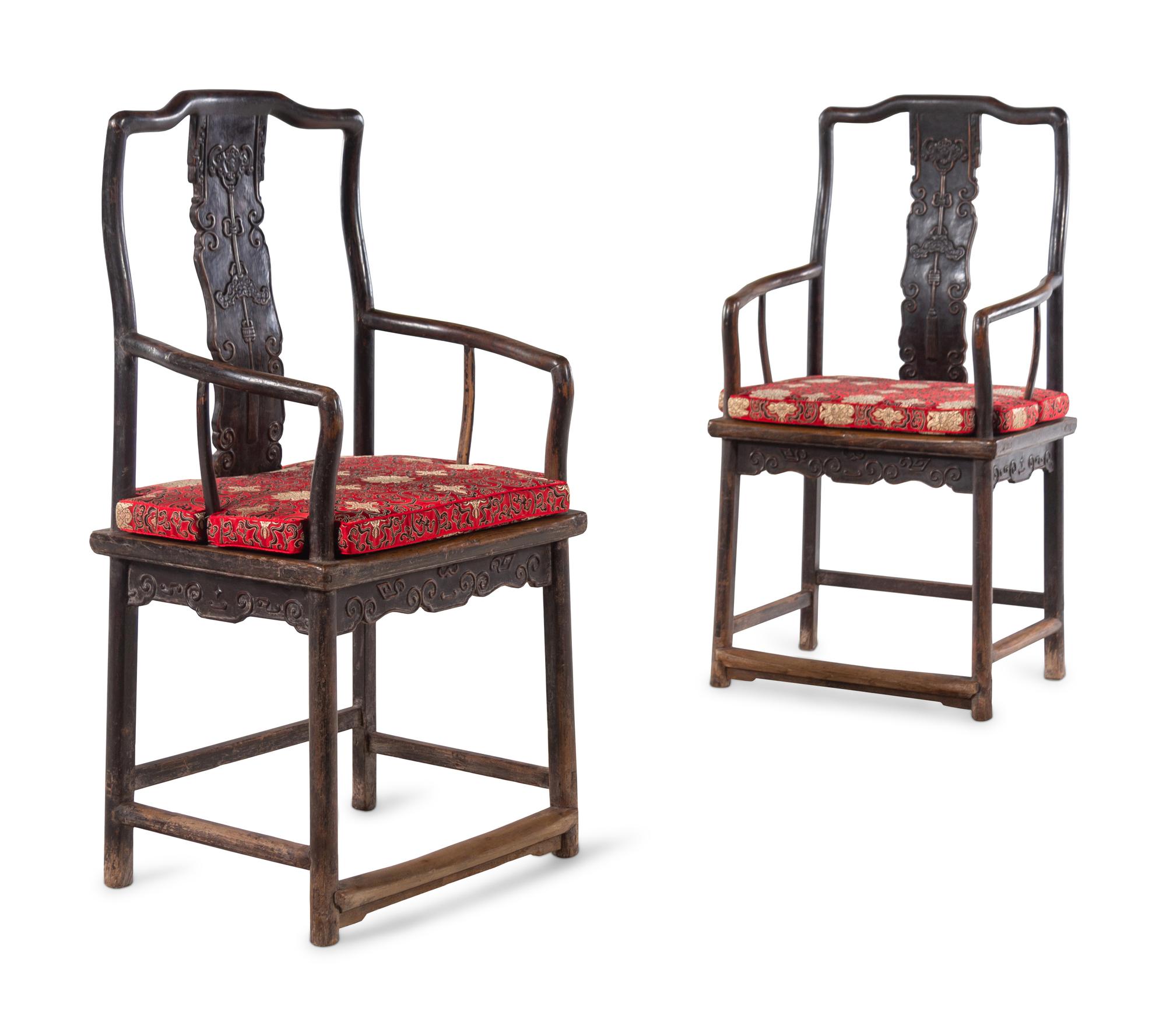 A Pair of Chinese Brown Lacquered Elmwood Scholar's Armchairs, Guanmaoyi