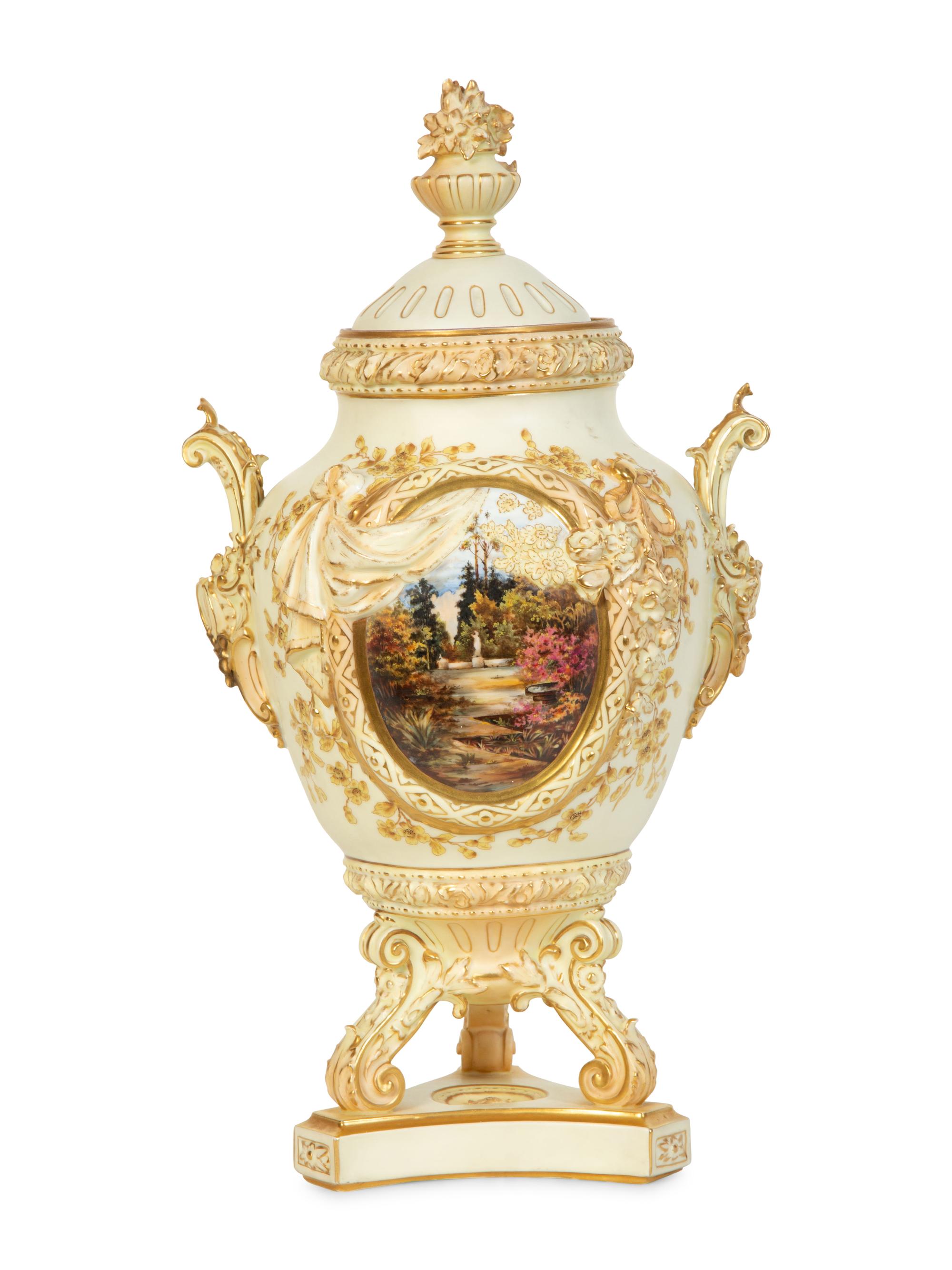 A Rudolstadt Painted and Parcel Gilt Porcelain Lidded Urn