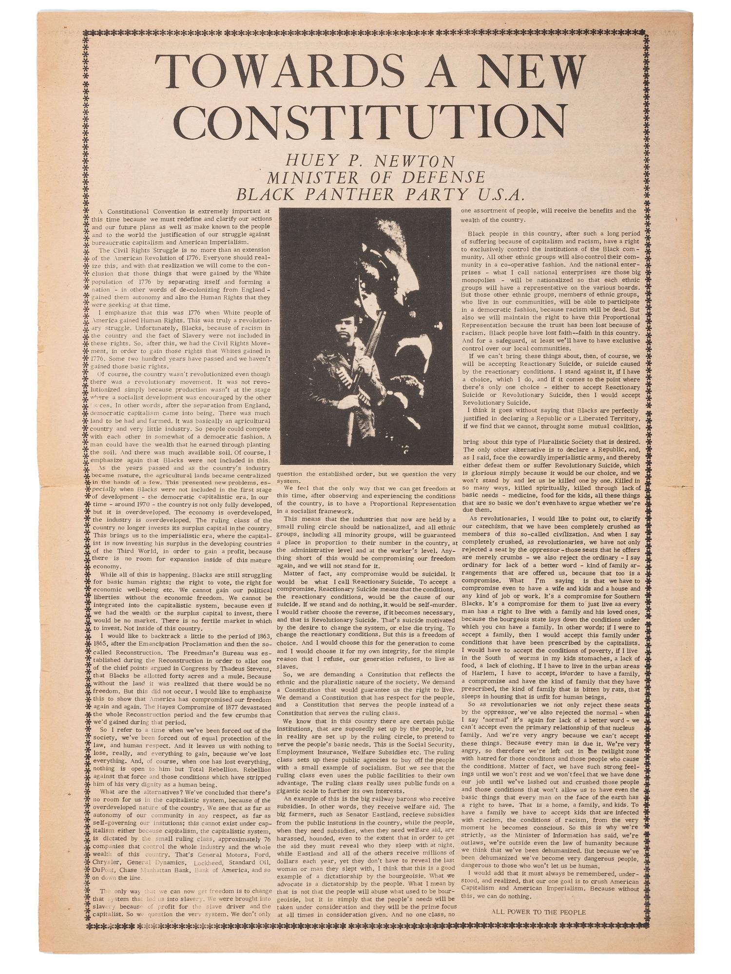 [BLACK PANTHER PARTY]. Tabloid sheet containing manifestos by Eldridge Cleaver and Huey P. Newton. Oakland, CA: Black Panther Party, 1970.