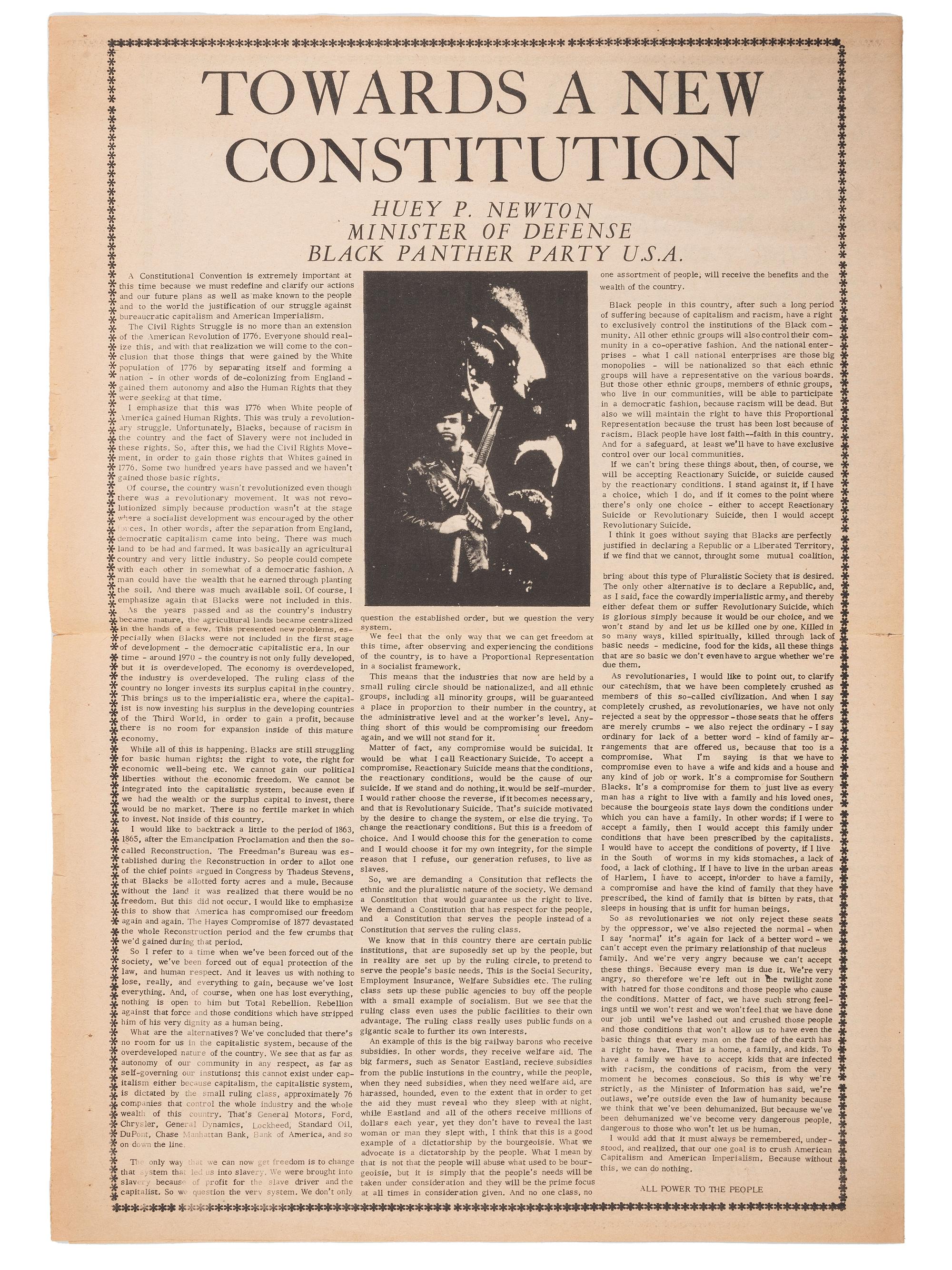[BLACK PANTHER PARTY]. Tabloid sheet containing manifestos by Eldridge Cleaver and Huey P. Newton. Oakland, CA: Black Panther Party, 1970.