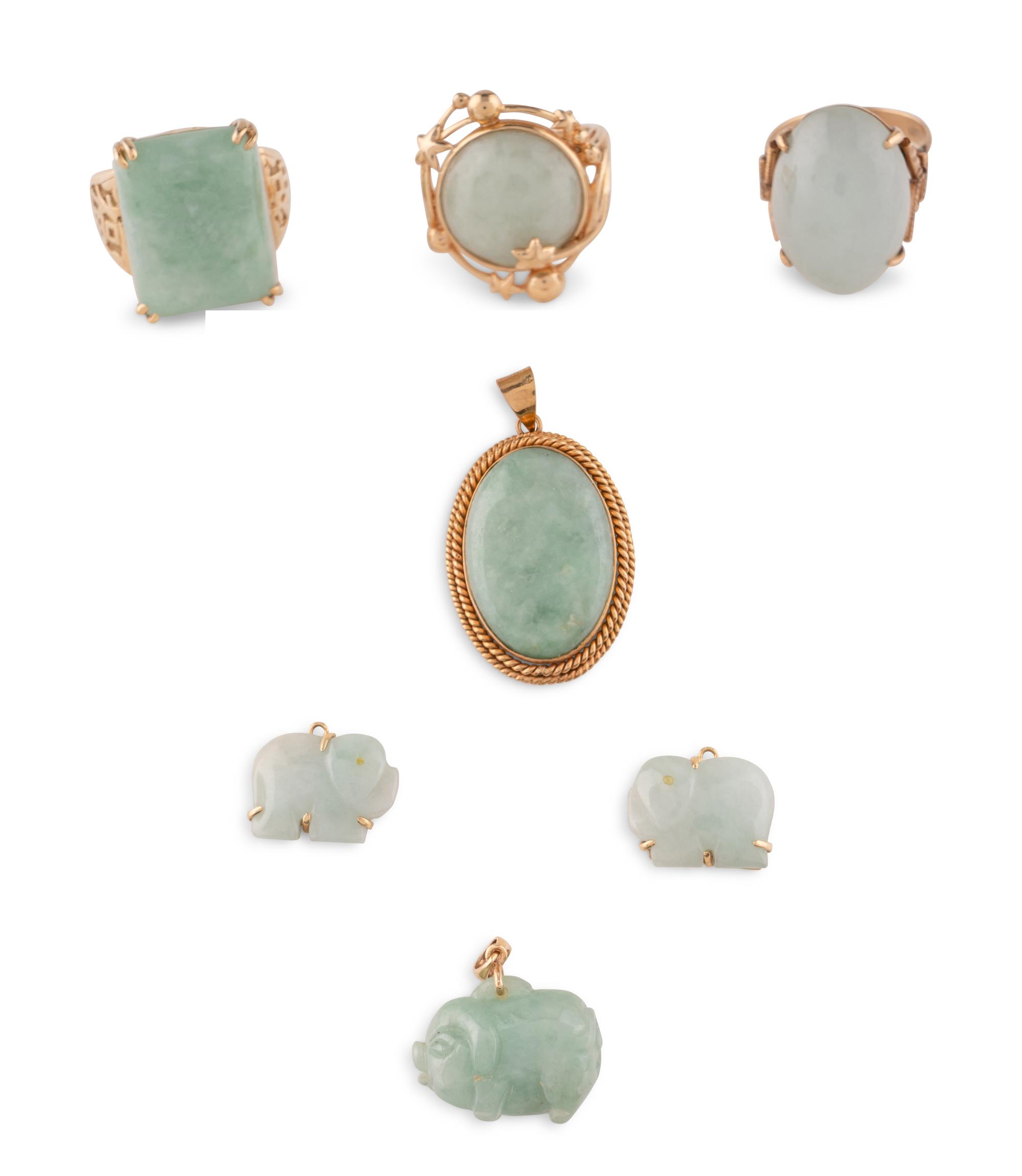 Seven Chinese 14K Yellow Gold Mounted Jadeite Jewelry