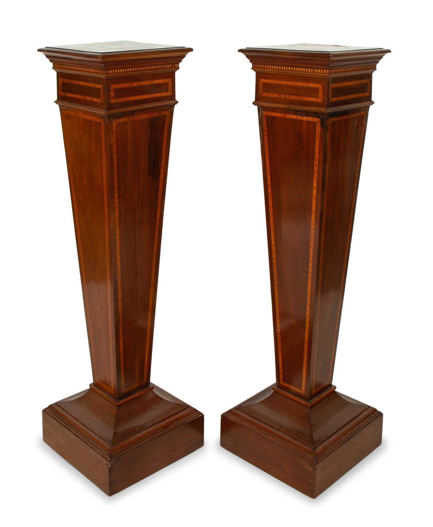 A Pair of Edwardian Style Satinwood Inlaid Mahogany Pedestals