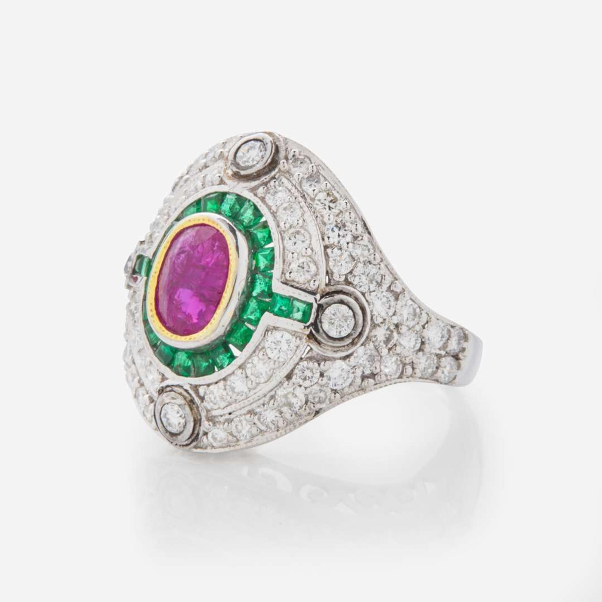 An 18K White Gold, Ruby, Emerald, and Diamond Ring No-Heat Burmese 2.05 Carat Ruby, GIA Certified