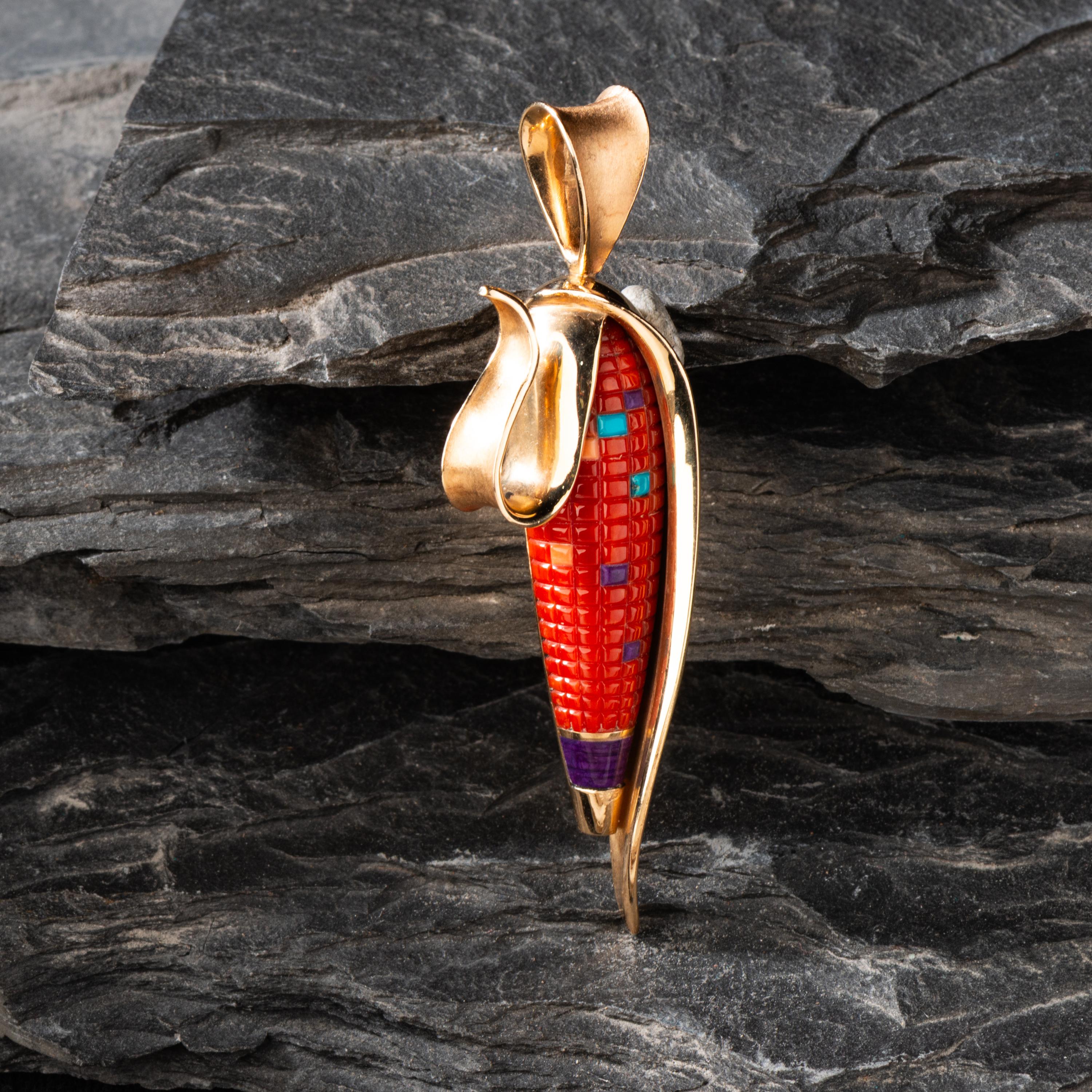 Charles Supplee (Hopi, 1956-2021) — Yellow Gold Corn Pendant, with Coral and Multi-Stone Mosaic Inlay