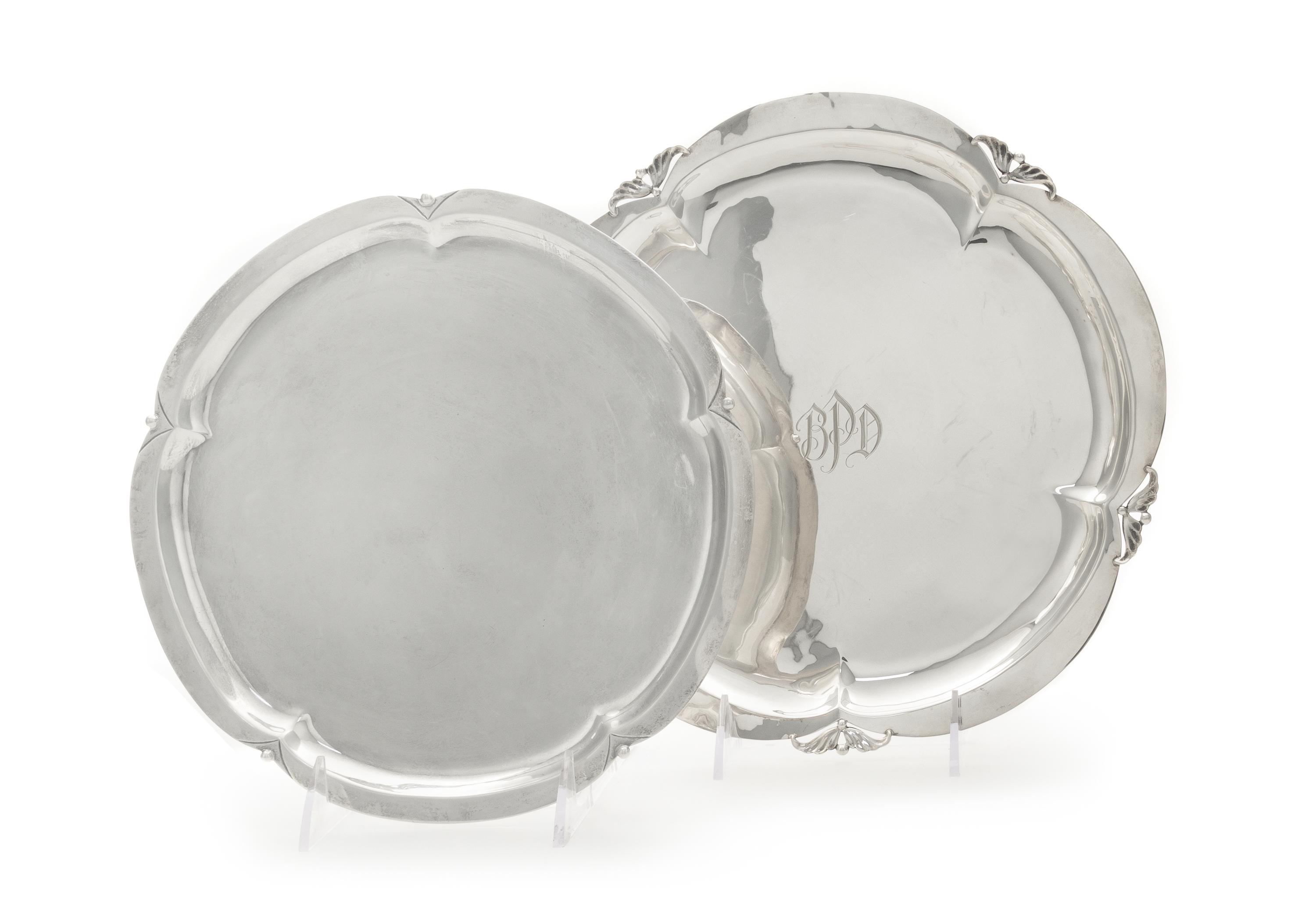 Two Similar American Silver Trays, Cellini Craft, Ltd., Chicago, IL, 1940, each of circular form with lobed sides, the larger example d