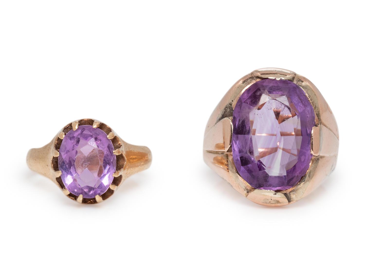 A Collection of Gold and Amethyst Rings,