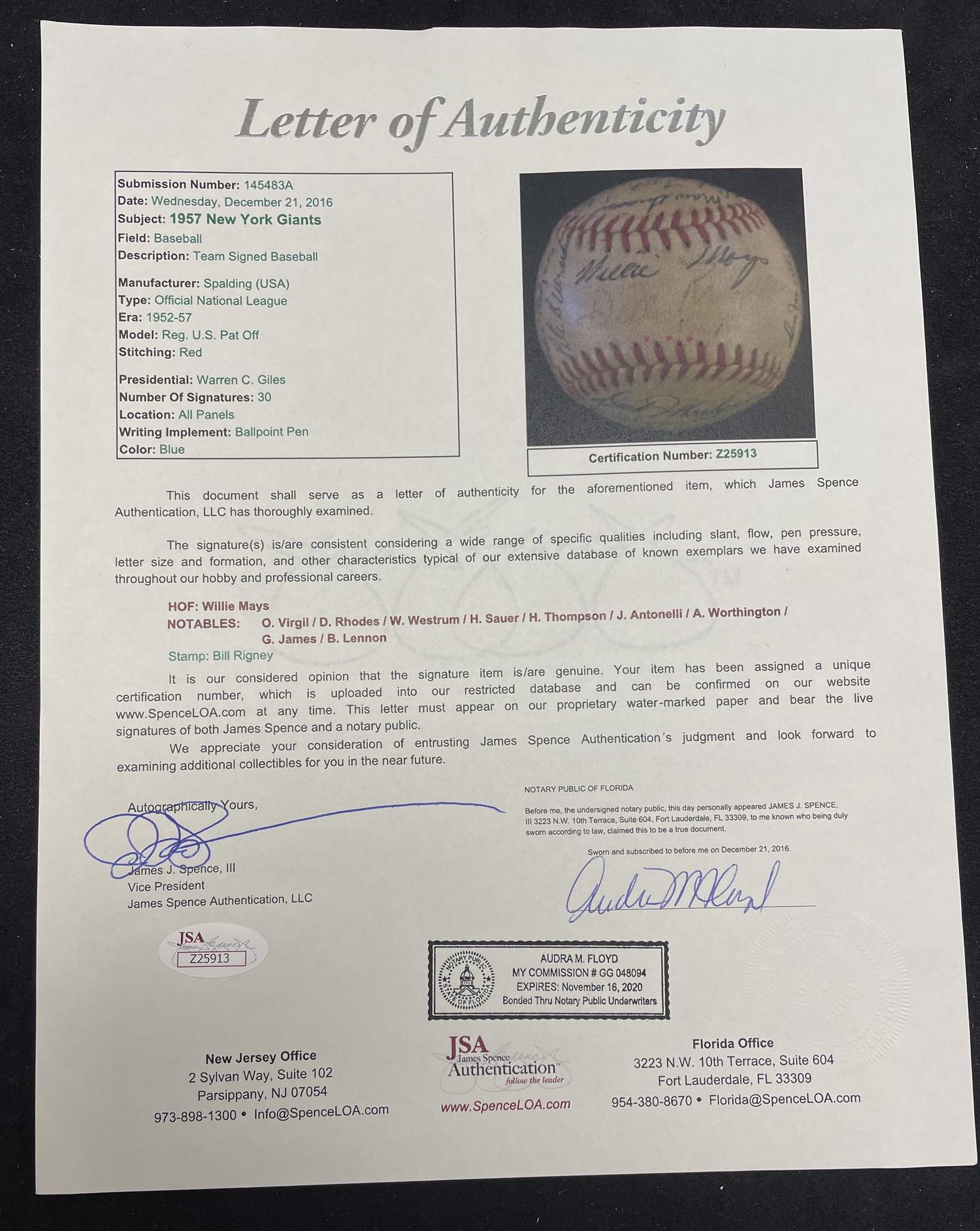 A 1957 New York Giants Team Signed Autograph Baseball Including Willie Mays (JSA Letter of Authenticity),