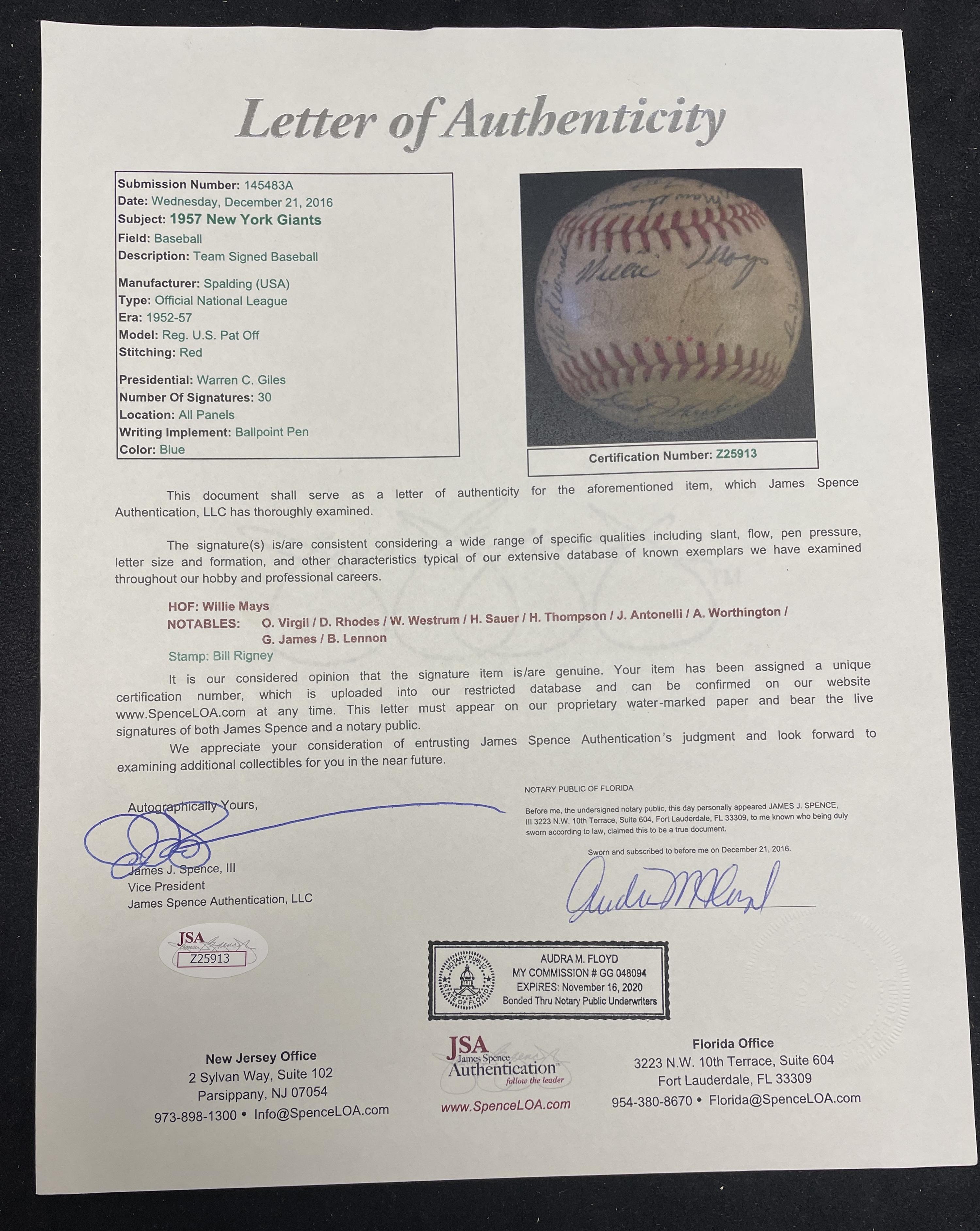 A 1957 New York Giants Team Signed Autograph Baseball Including Willie Mays (JSA Letter of Authenticity),