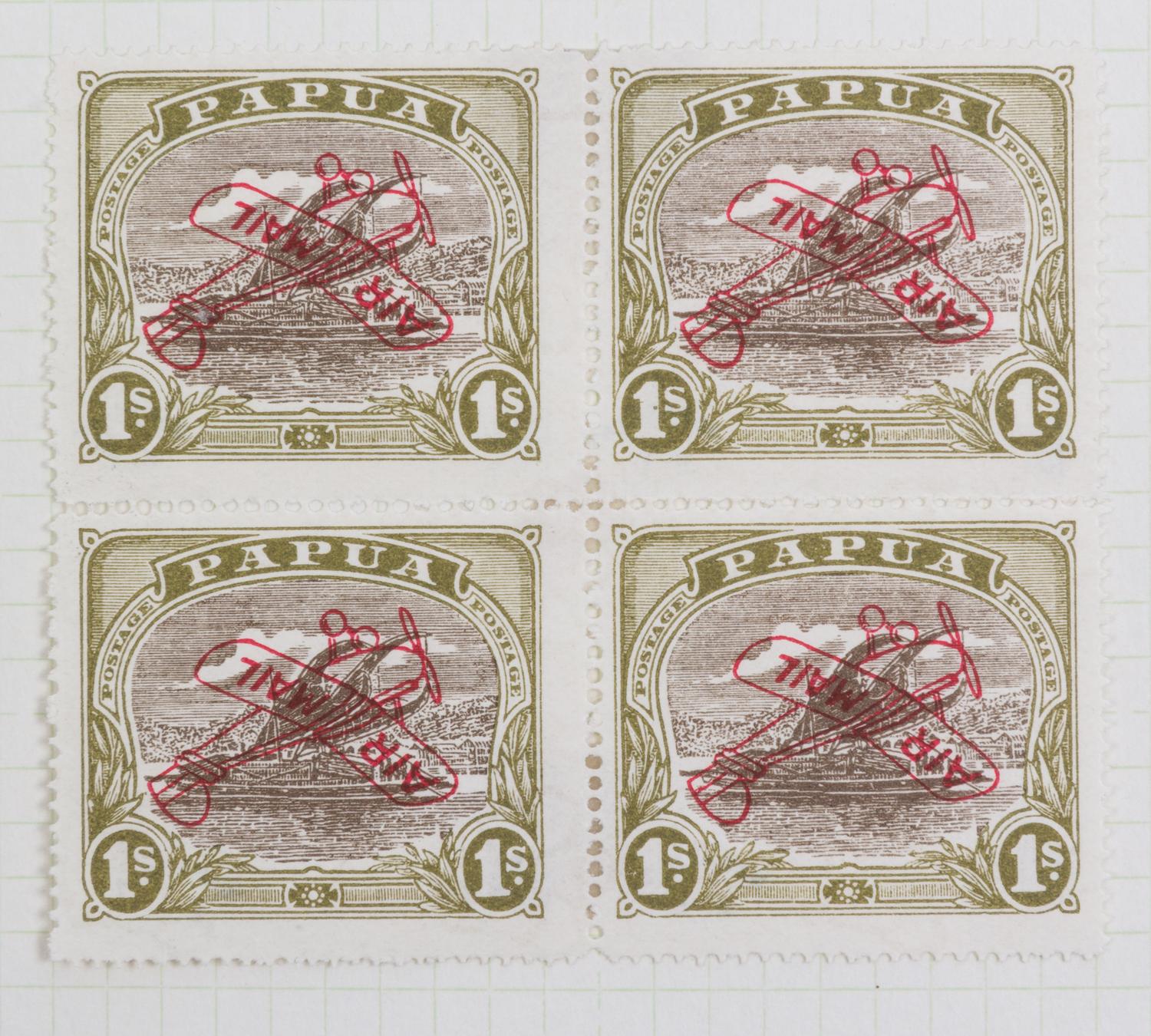 A Block of Four Papua 1930 Green & Olive Brown Inverted Overprint 1 Shilling Airmail Stamps — #C4a