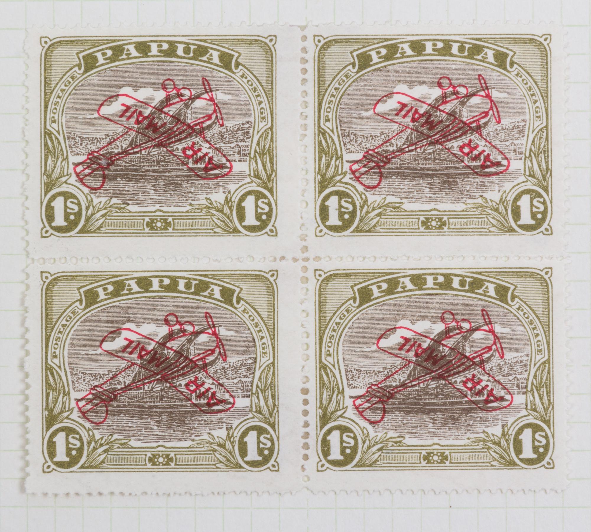 A Block of Four Papua 1930 Green & Olive Brown Inverted Overprint 1 Shilling Airmail Stamps — #C4a