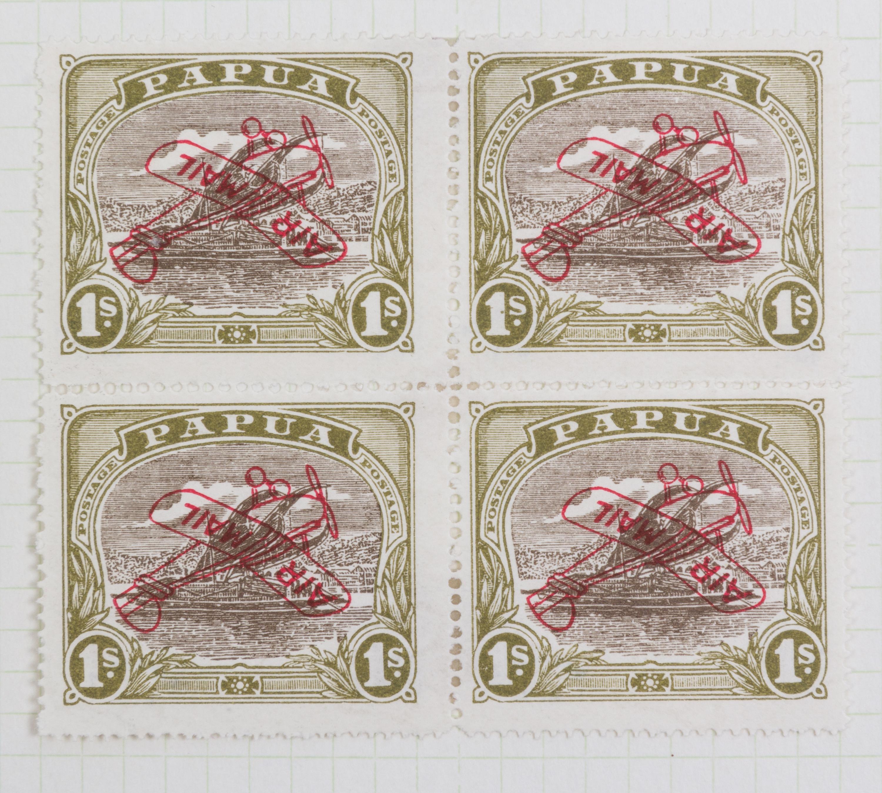 A Block of Four Papua 1930 Green & Olive Brown Inverted Overprint 1 Shilling Airmail Stamps — #C4a