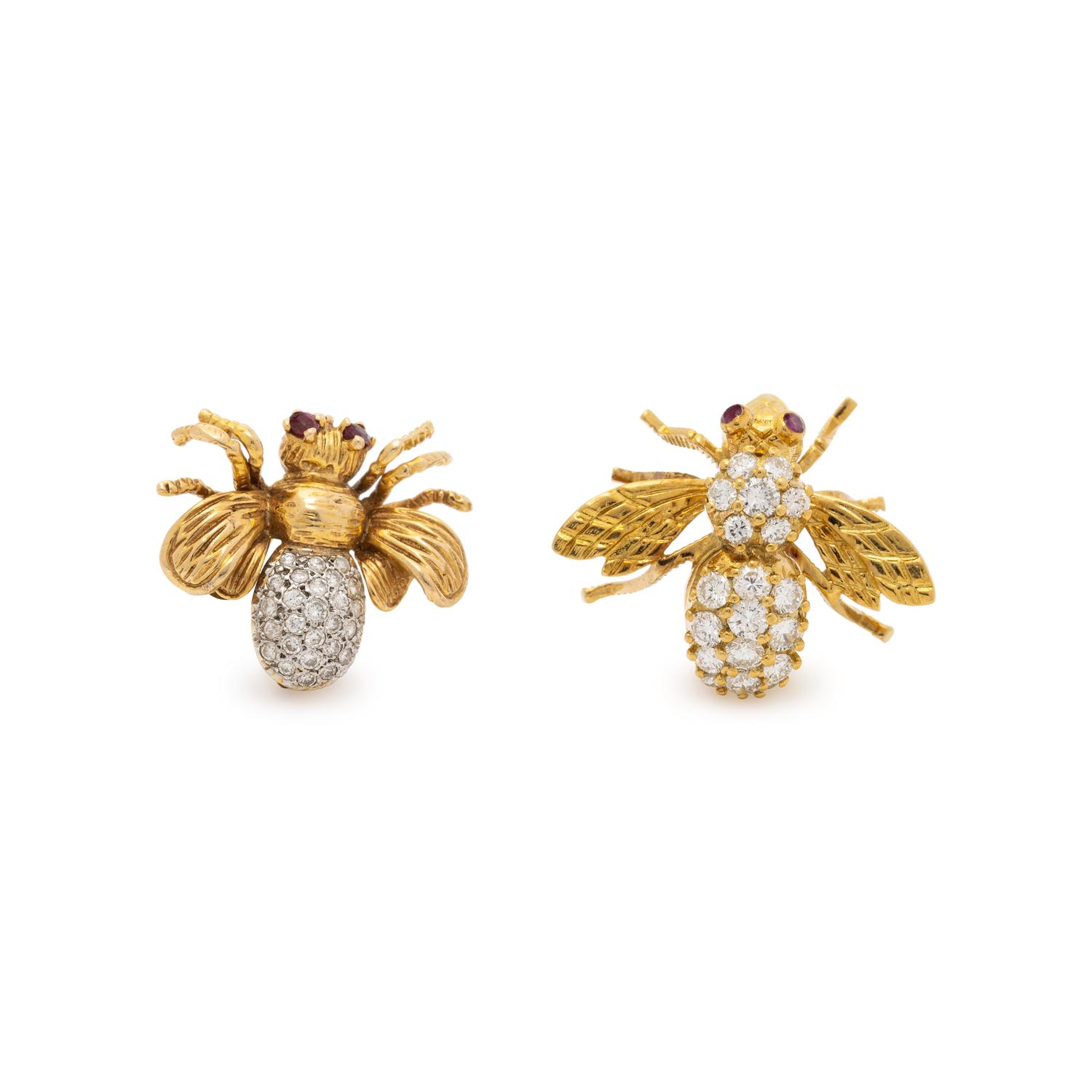 TWO YELLOW GOLD AND DIAMOND BEE PINS