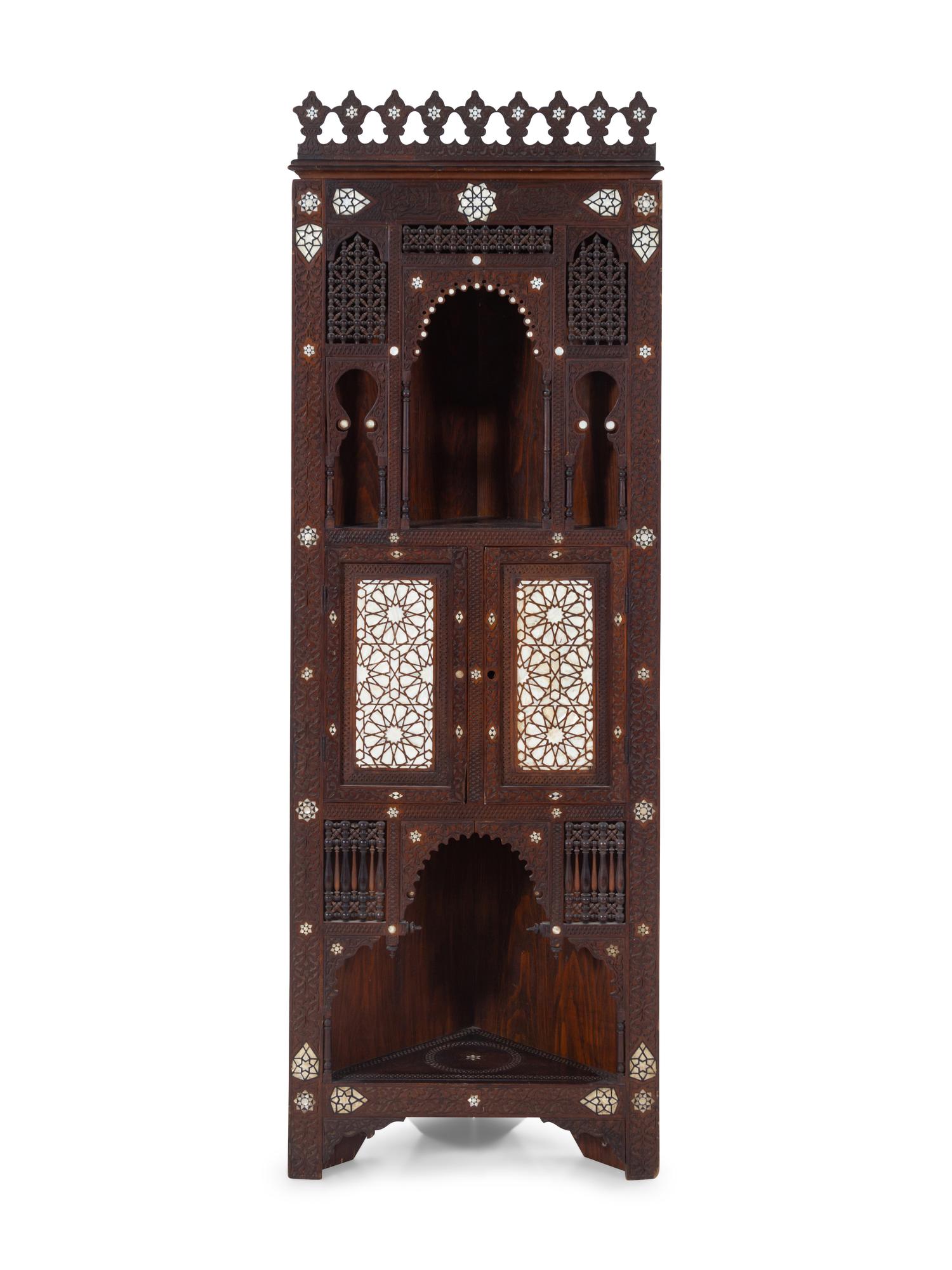 An Ottoman Turkish Carved and Inlaid Corner Cabinet