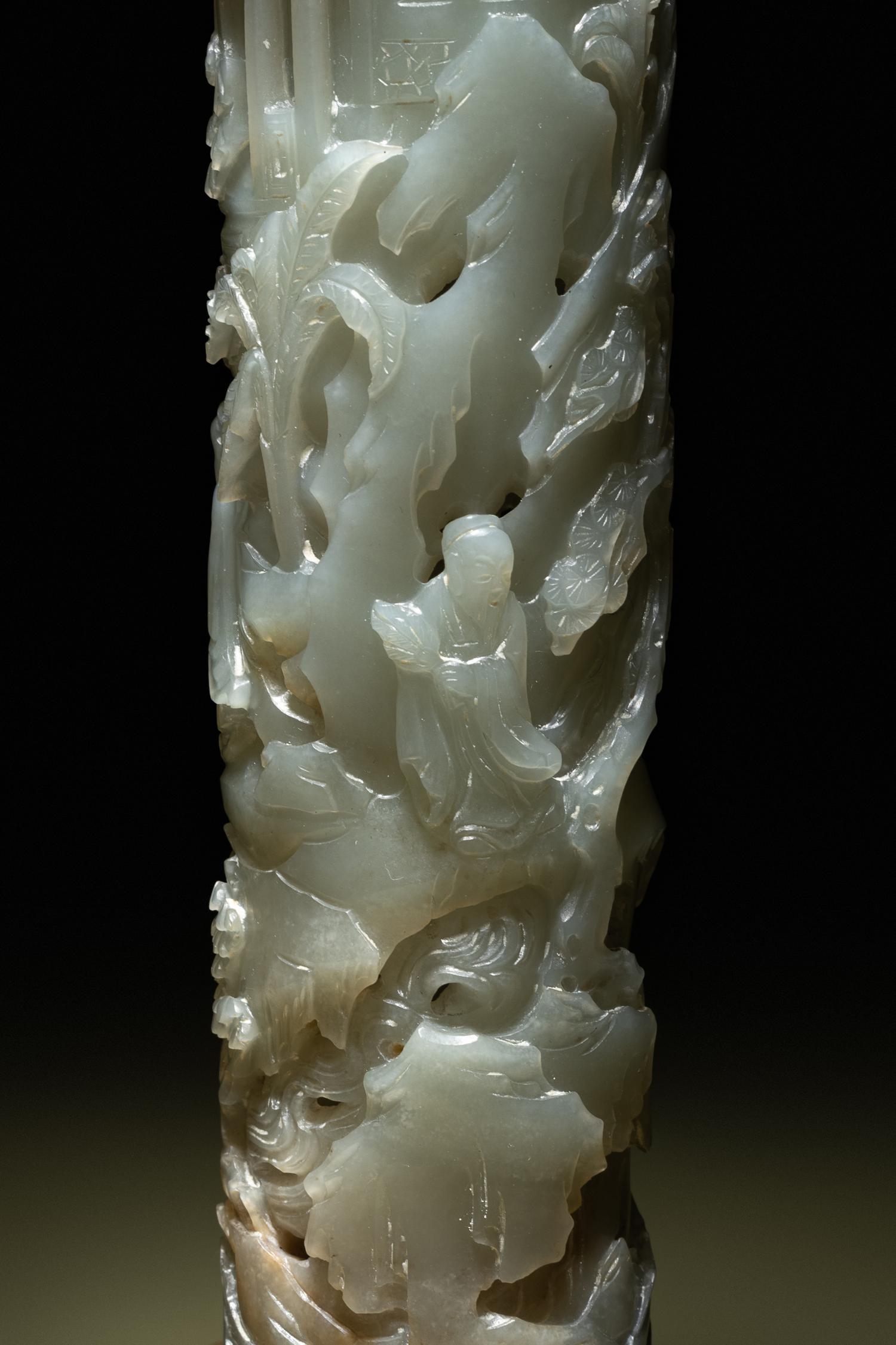 A Pair of Carved Celadon Jade Cylindrical Parfumiers