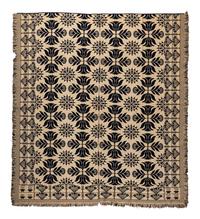 A Blue and White Flowering Urn, Sun and Acorn Pattern Jacquard Coverlet