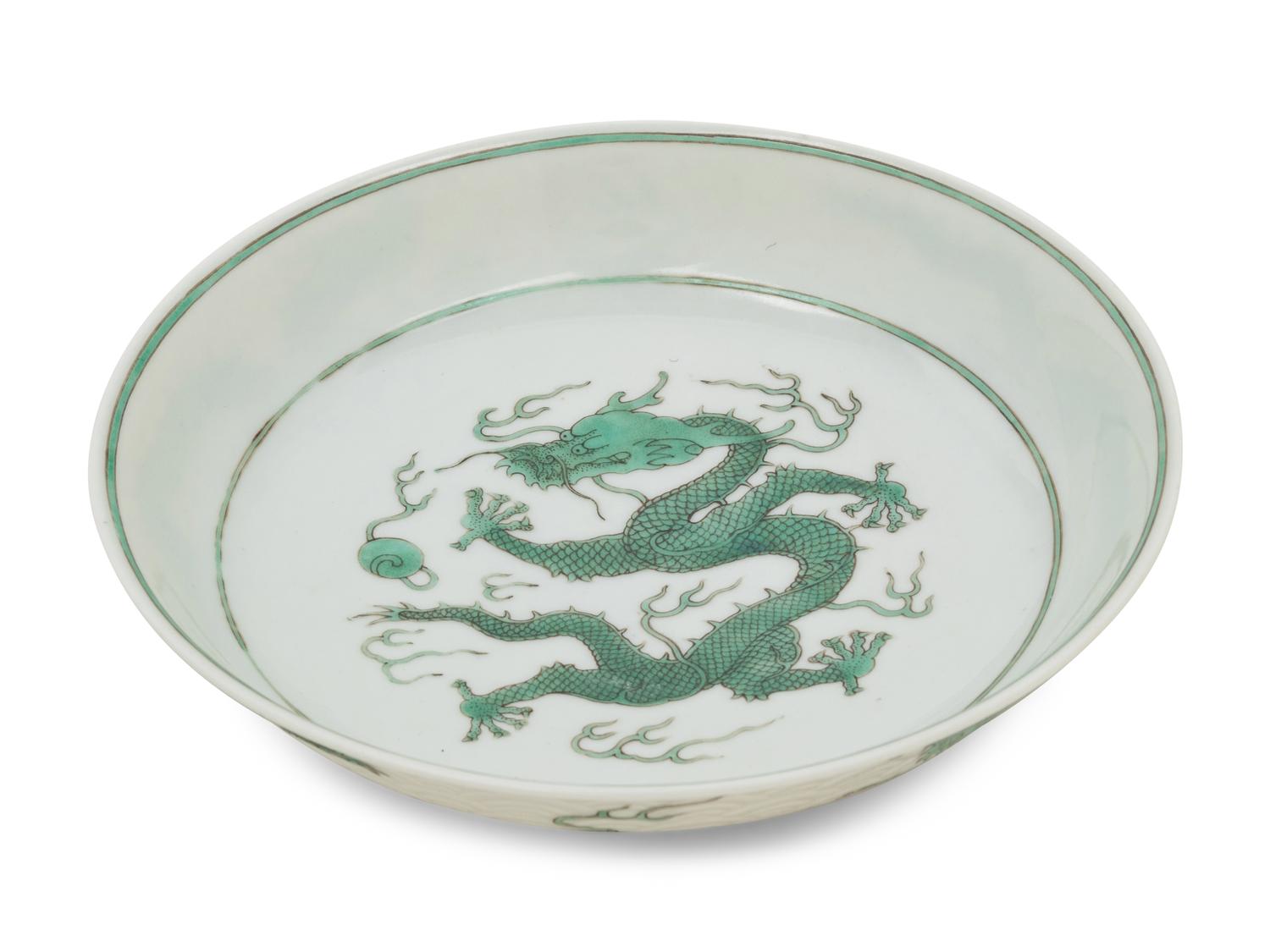 A Green Enameled White Ground Porcelain 'Dragon' Dish