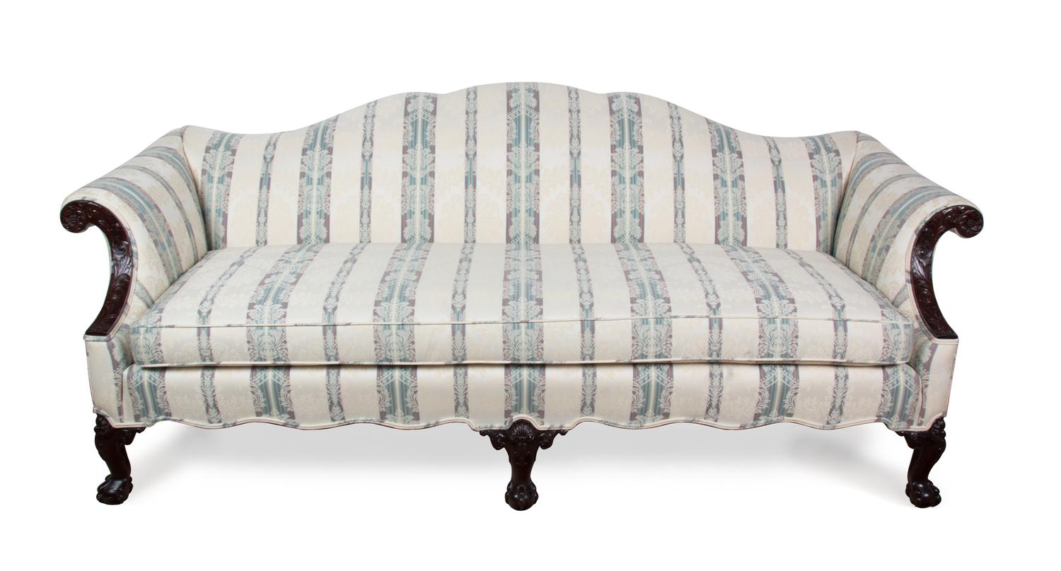 A Chippendale Style Mahogany Camel Back Sofa Height 34 x width 81 x depth 36 inches. — 20TH CENTURY