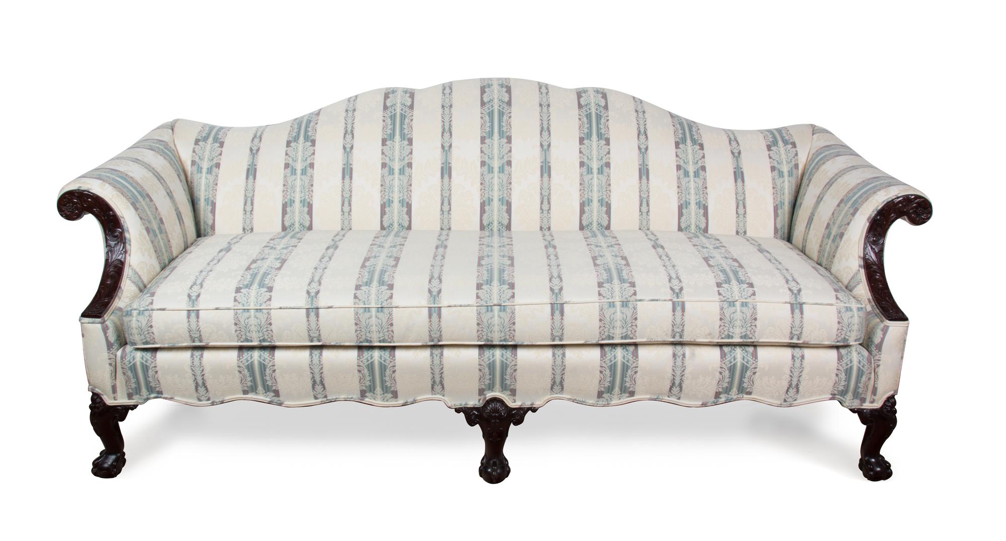 A Chippendale Style Mahogany Camel Back Sofa Height 34 x width 81 x depth 36 inches. — 20TH CENTURY