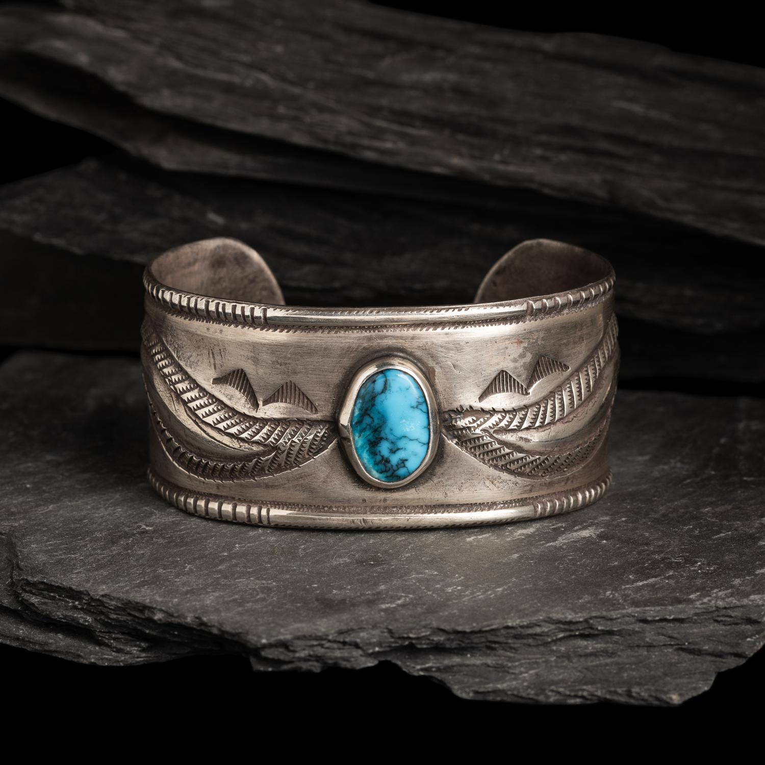 Navajo Ingot and Turquoise Cuff Bracelet