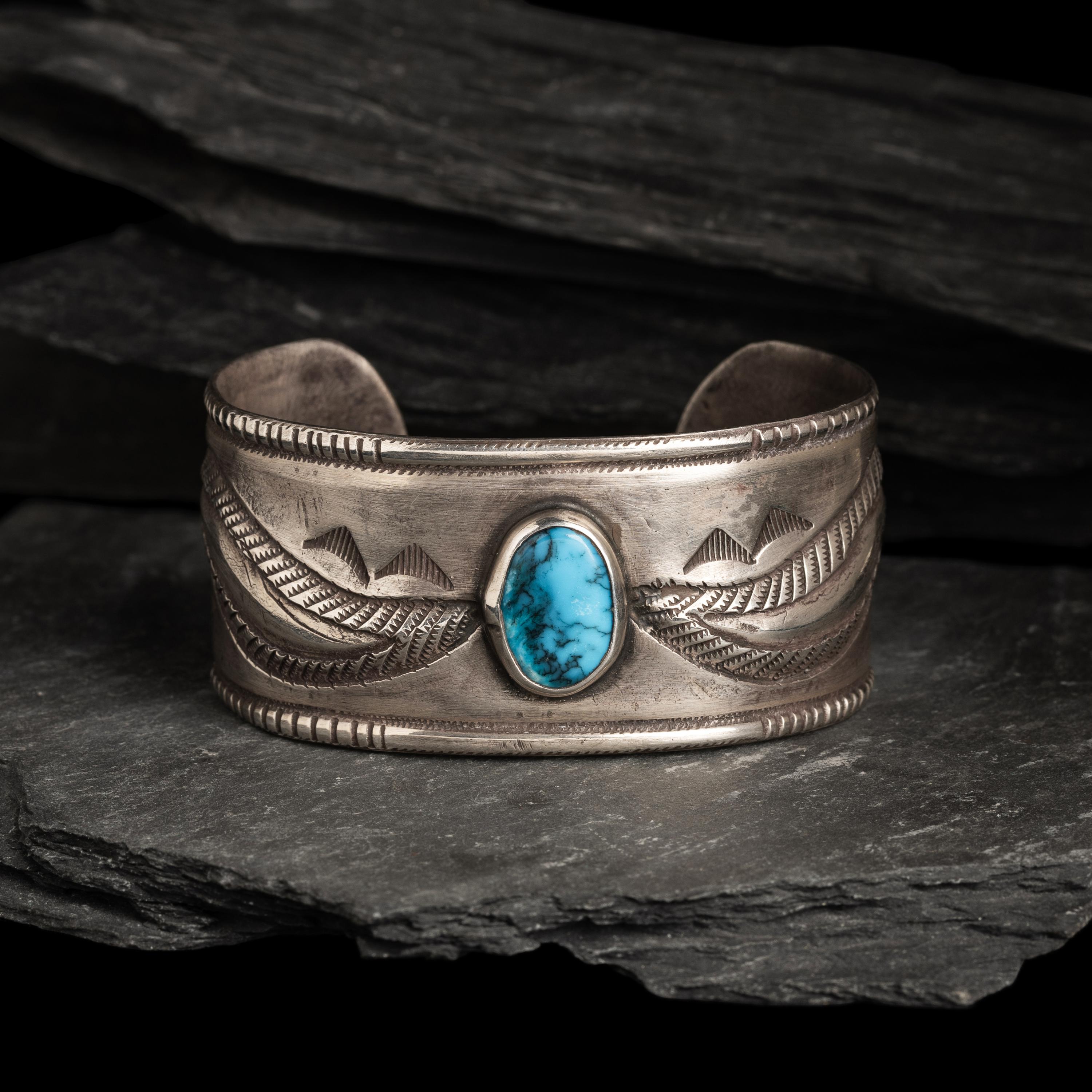 Navajo Ingot and Turquoise Cuff Bracelet