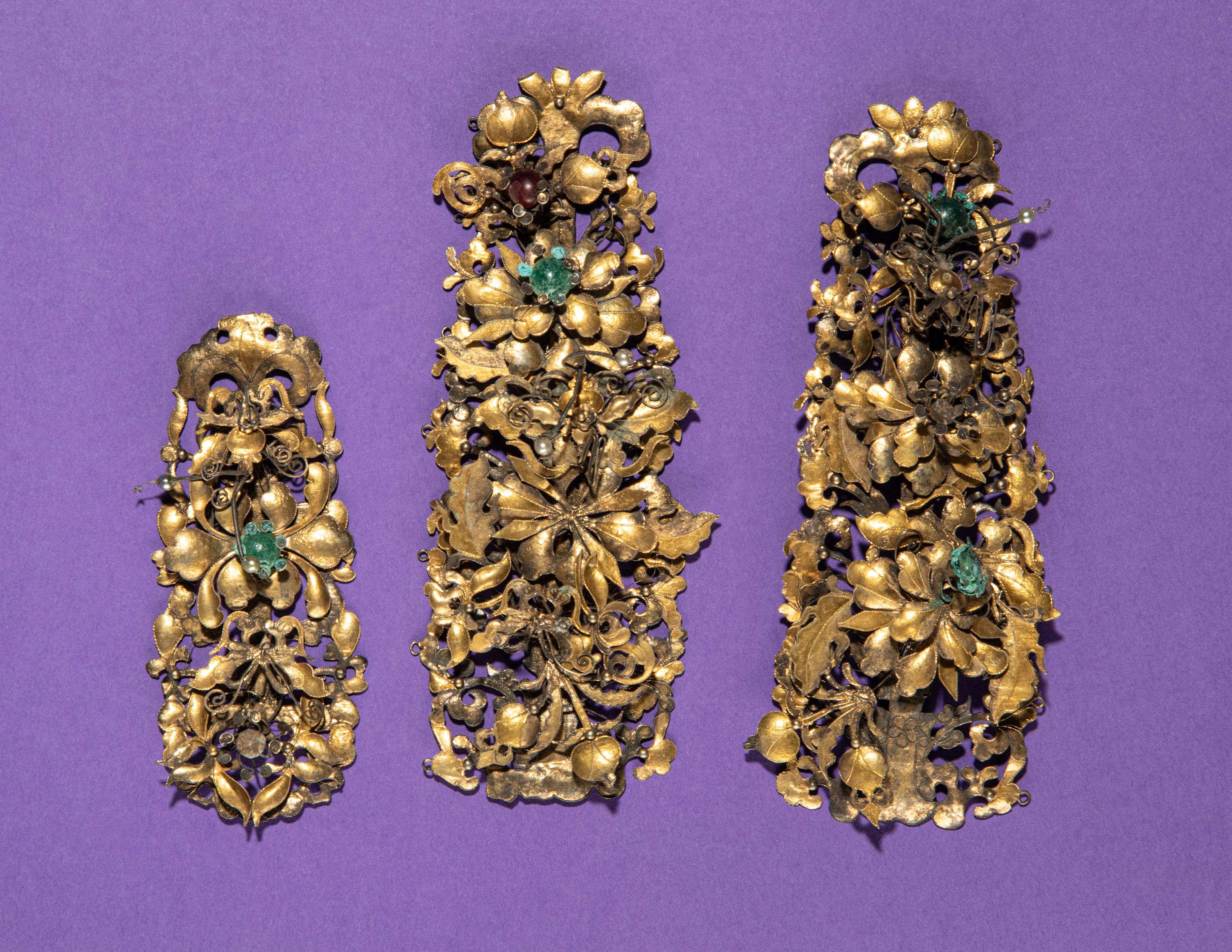 Three Gilt Silver Hair Jewelry Pieces