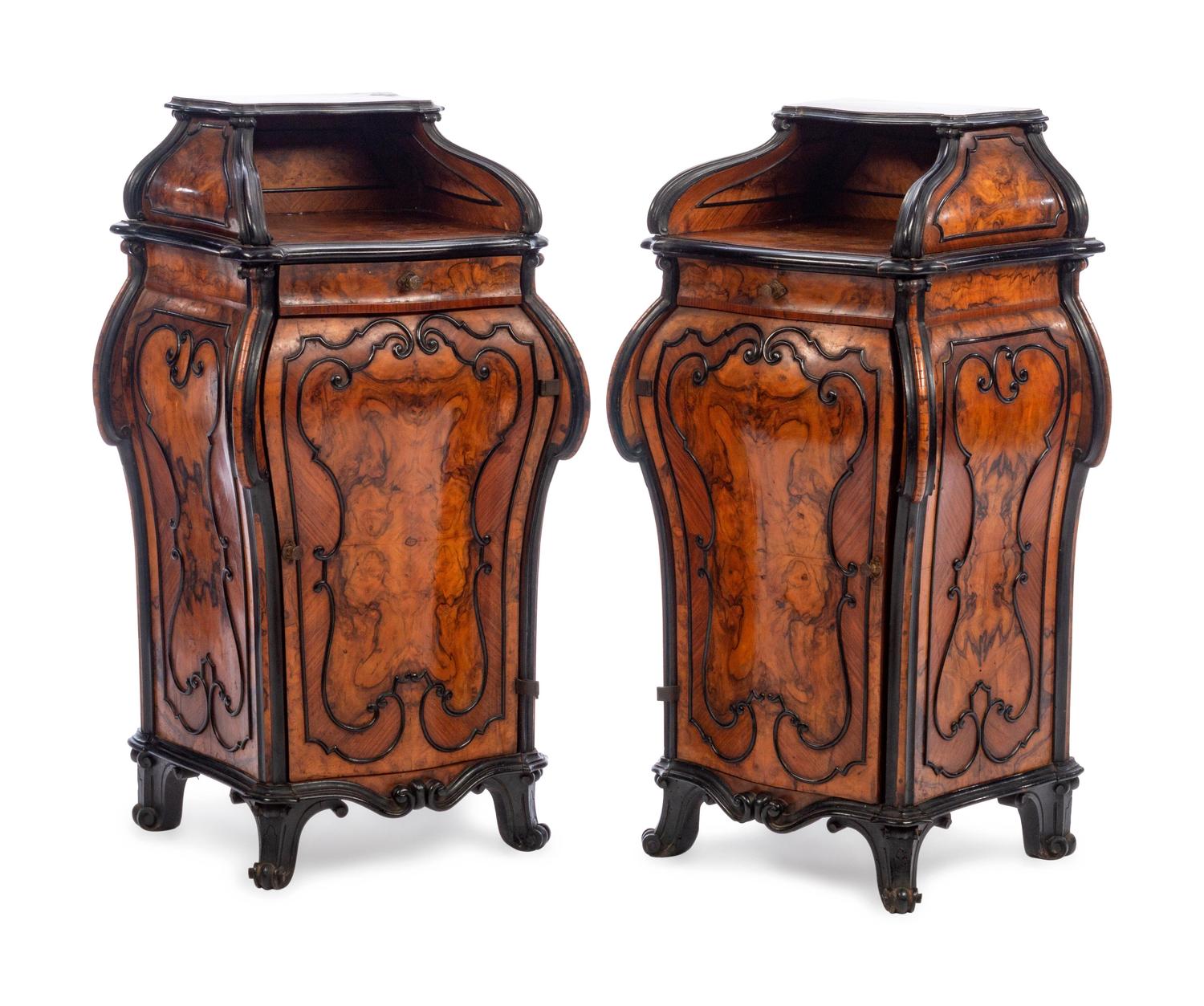 A Pair of Italian Parcel Ebonized Burlwood Side Cabinets