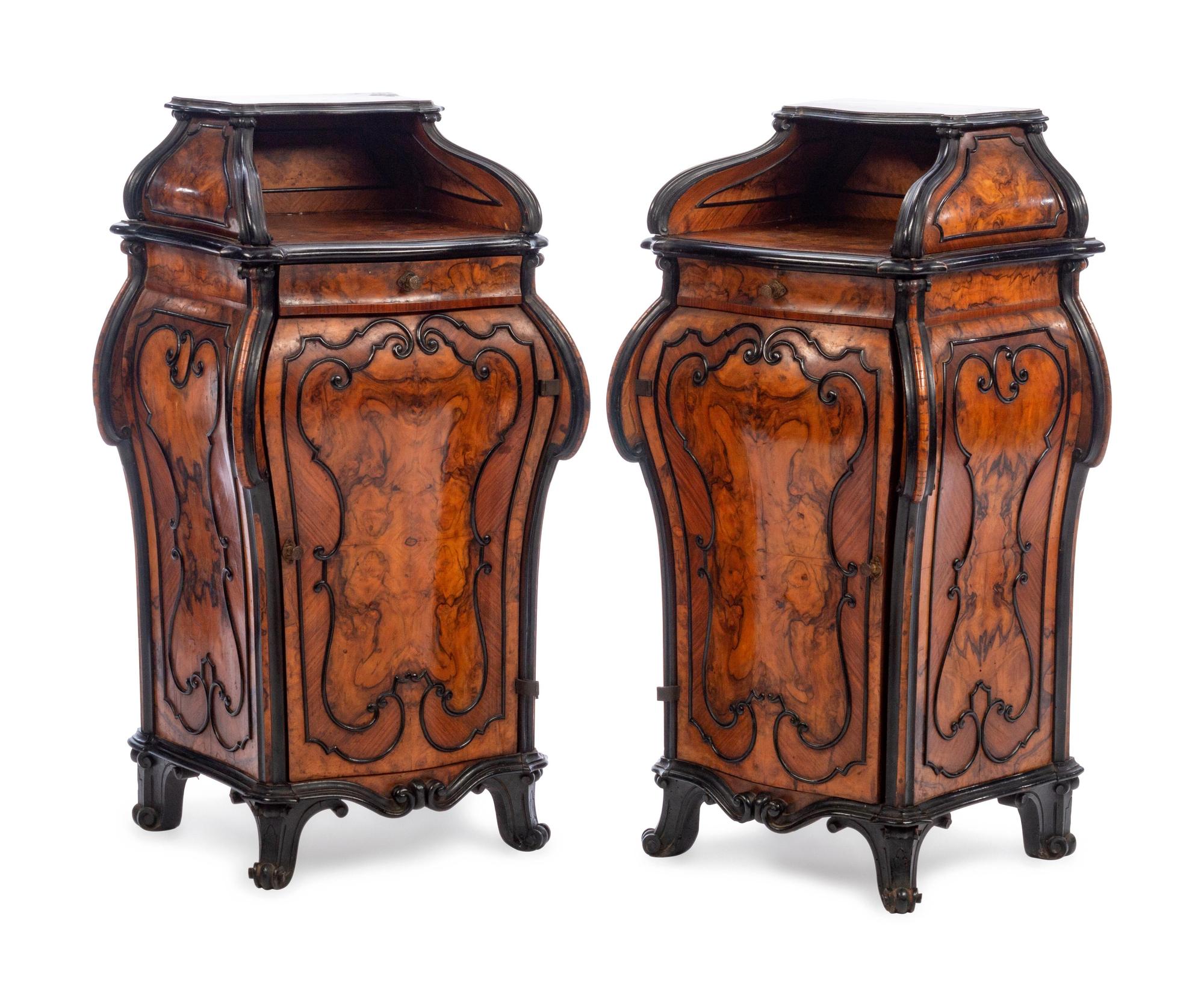 A Pair of Italian Parcel Ebonized Burlwood Side Cabinets