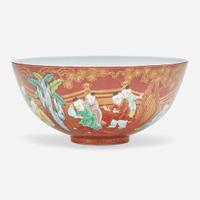 A Chinese famille verte coral-ground porcelain "Boys" bowl 五彩珊瑚地“童子”碗