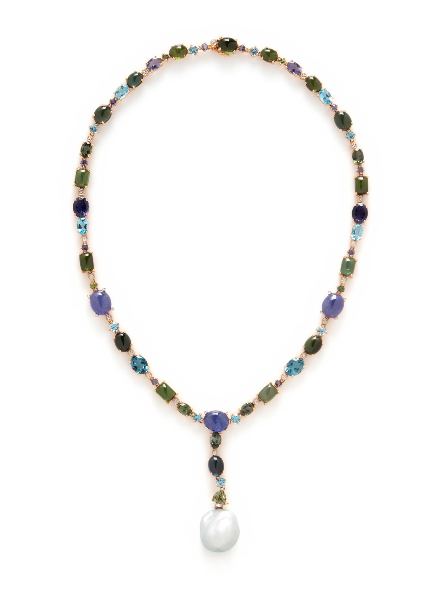 MULTIGEM, DIAMOND AND BAROQUE CULTURED PEARL DROP NECKLACE
