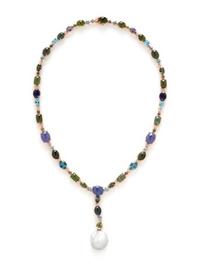 MULTIGEM, DIAMOND AND BAROQUE CULTURED PEARL DROP NECKLACE