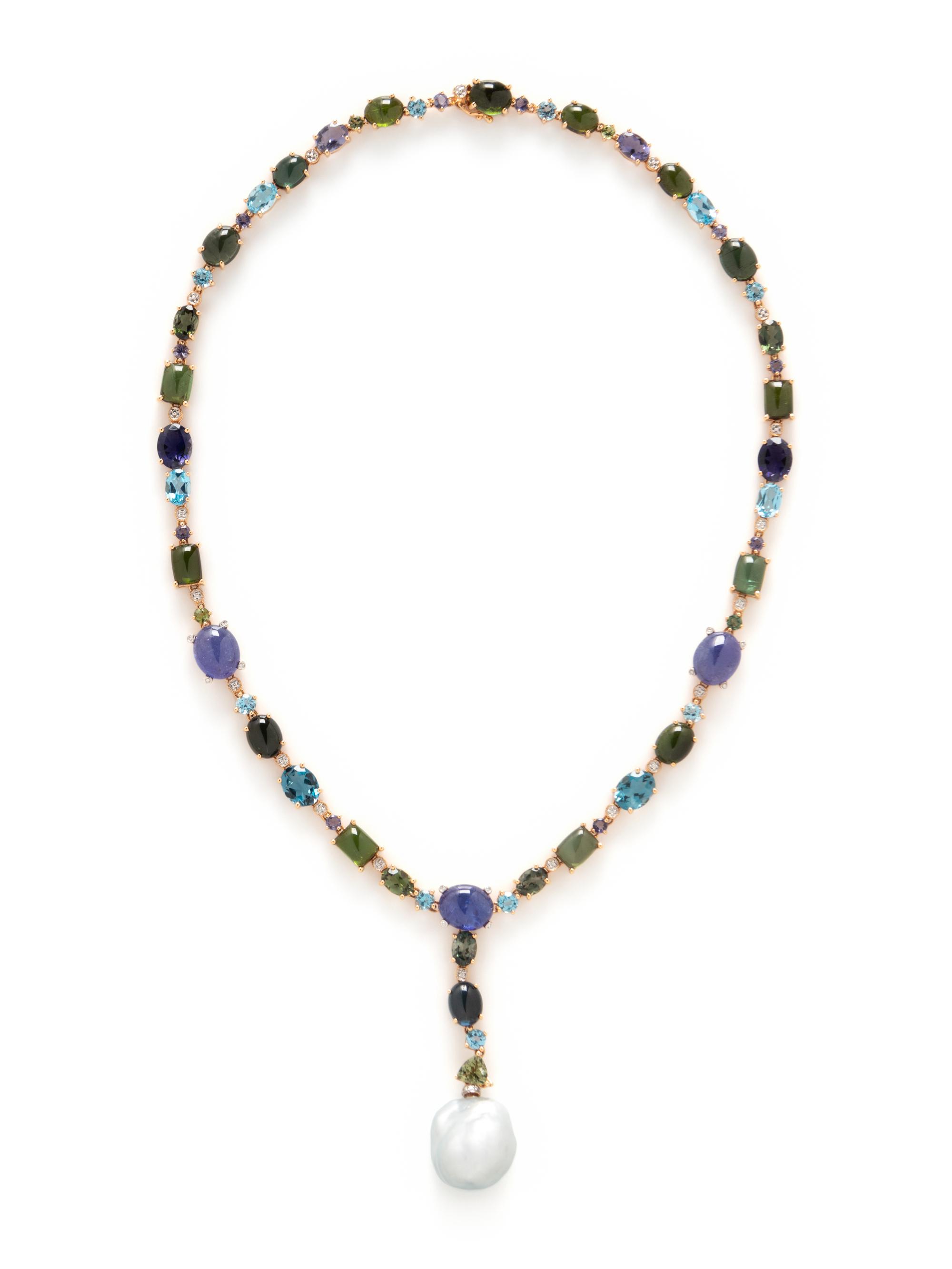 MULTIGEM, DIAMOND AND BAROQUE CULTURED PEARL DROP NECKLACE