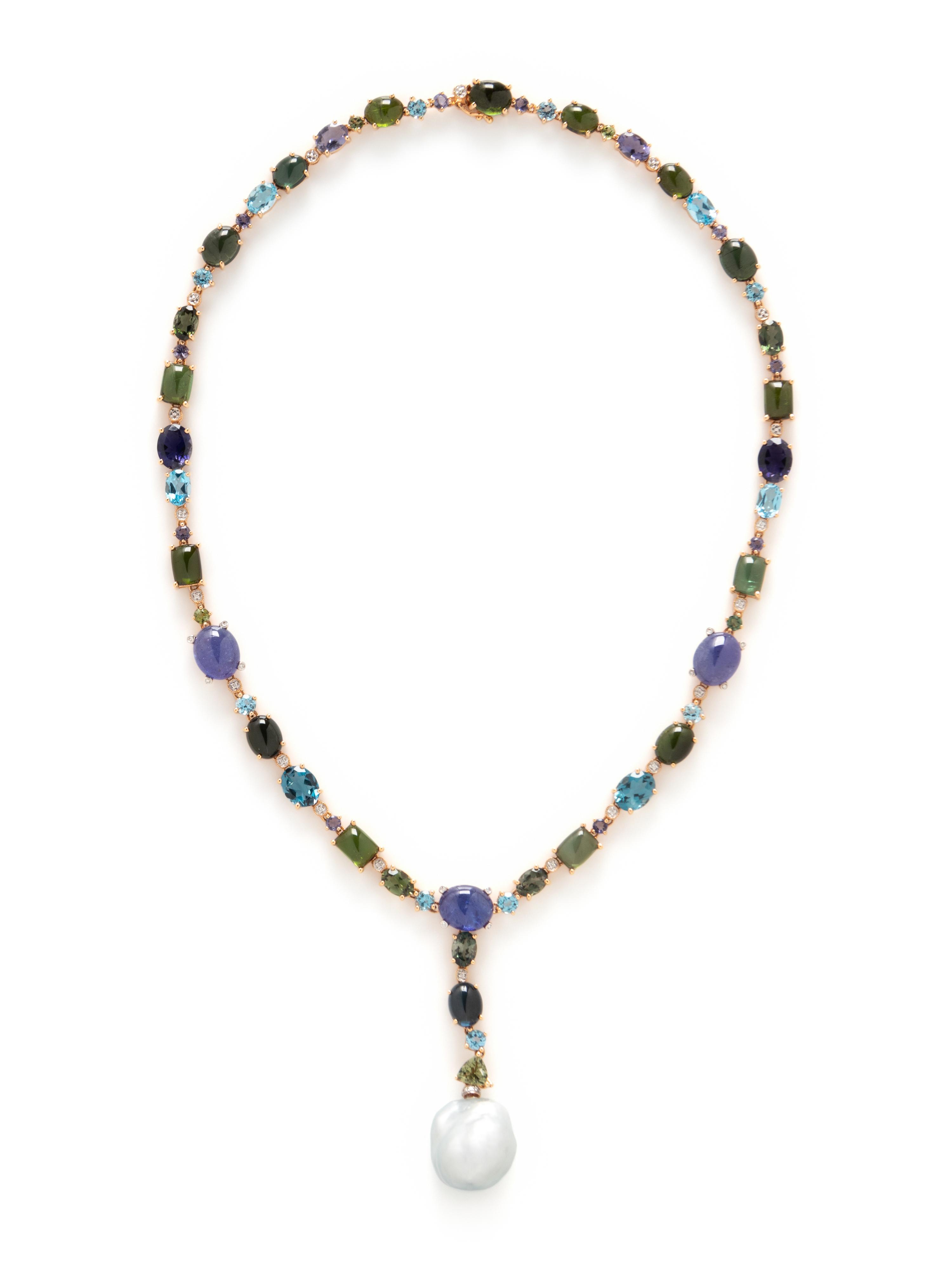 MULTIGEM, DIAMOND AND BAROQUE CULTURED PEARL DROP NECKLACE