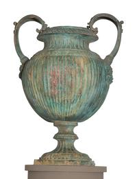 A Pair of Neoclassical Patinated Cast Metal Urns on Gray-Painted Wood Pedestals