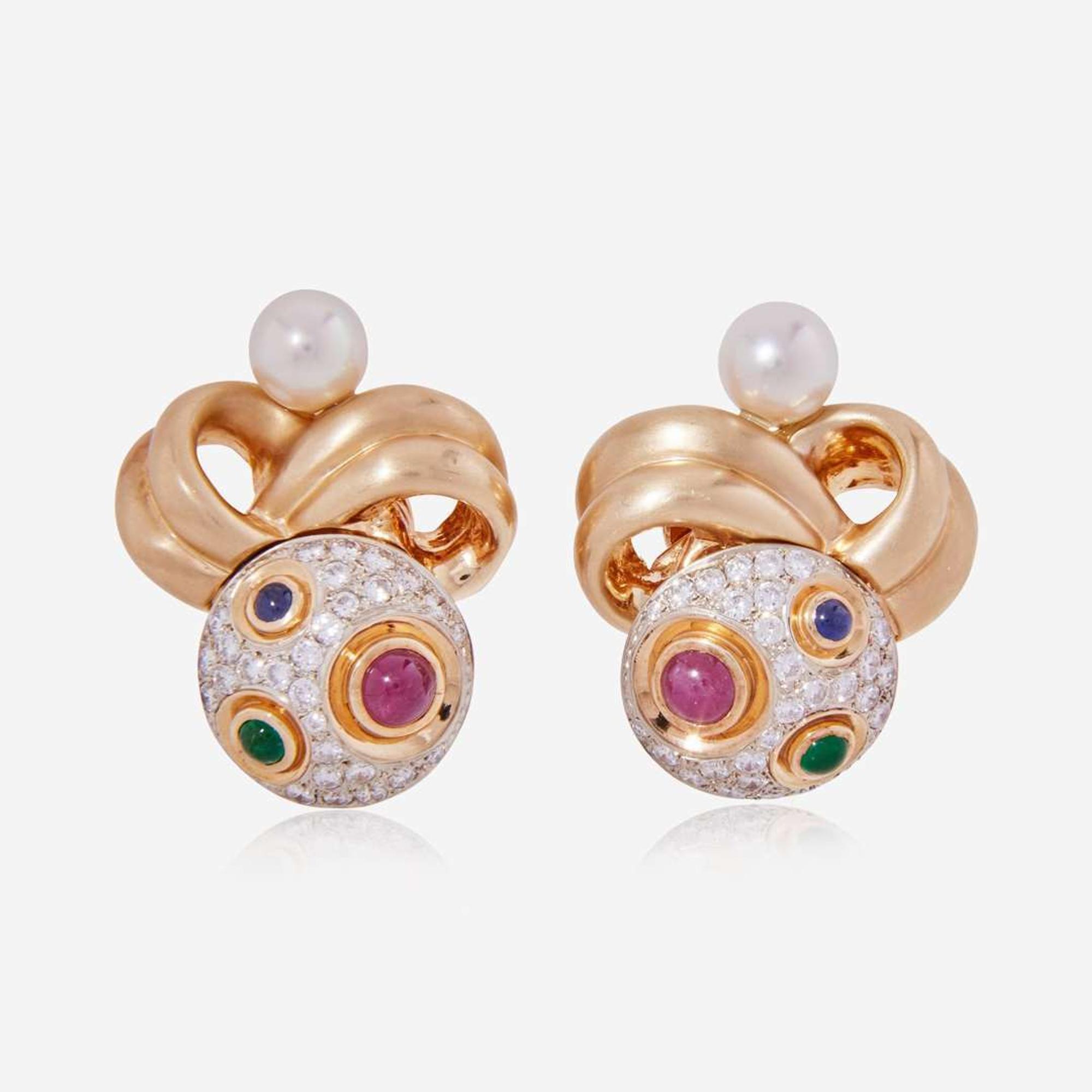 A Pair of 14K Yellow Gold and Gemstone Earrings