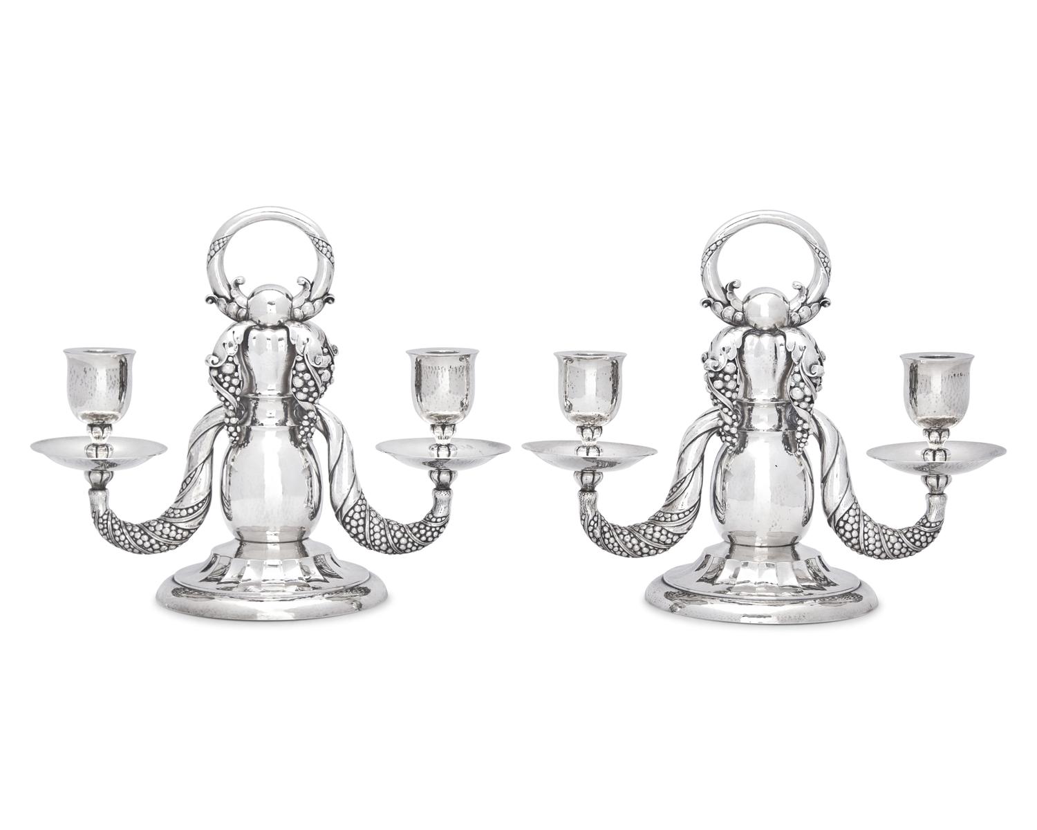A Pair of Georg Jensen Silver Two-Light Candelabra