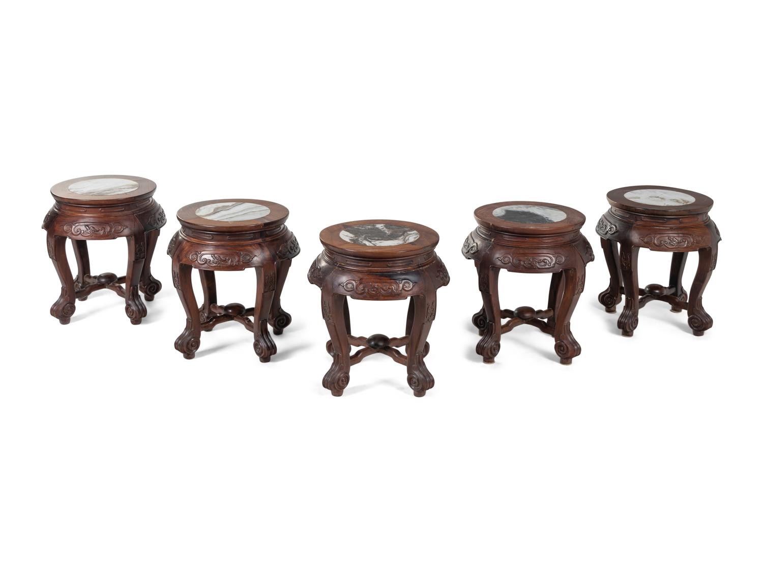 A Pair of Chinese Marble Inset Hardwood Demi-Lune Side Tables and Five Matching Stools