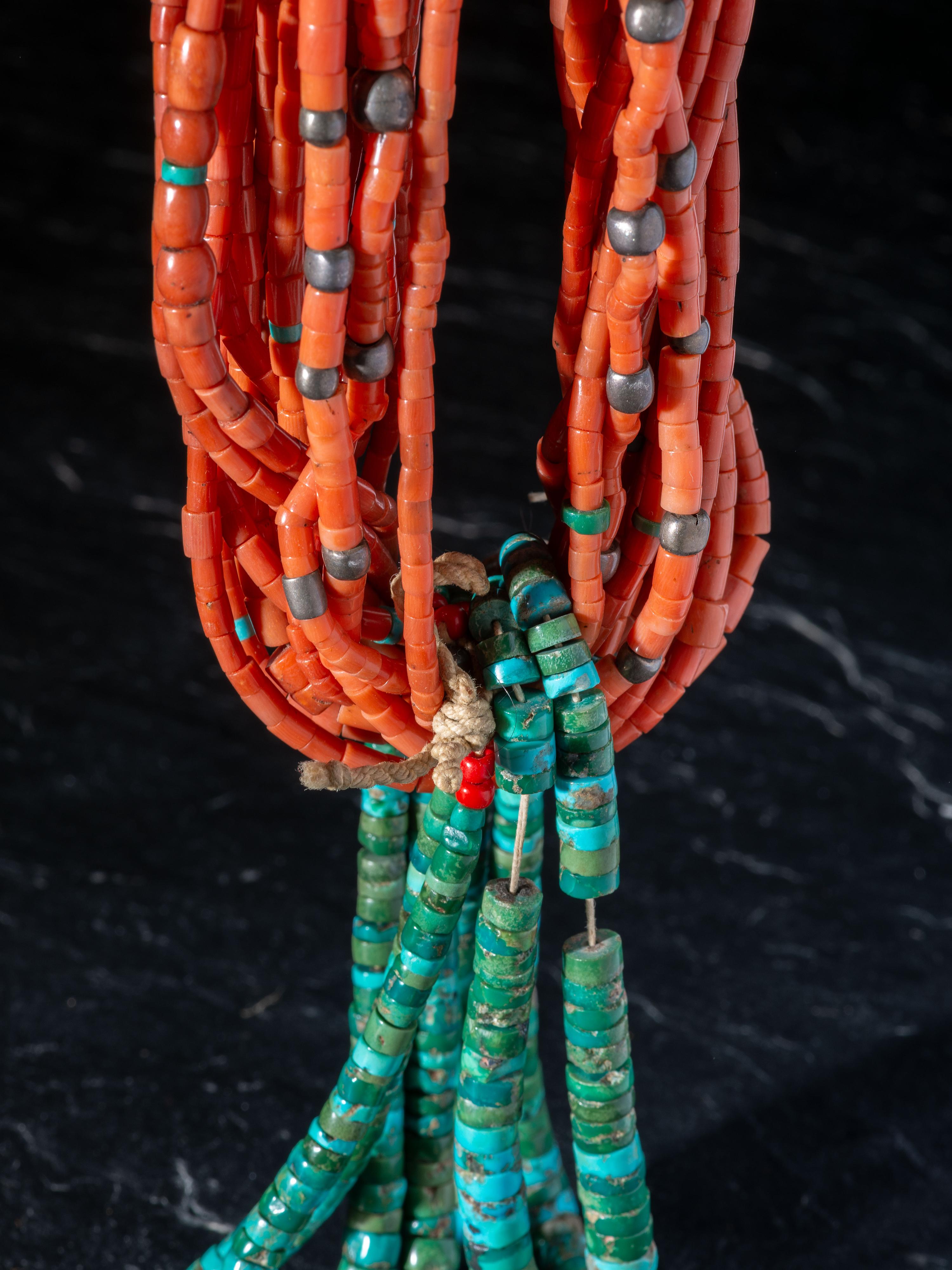 Navajo or Pueblo Multi-strand Coral Necklace, with Rolled Turquoise Joclas