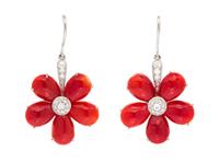 A Pair of 18 Karat White Gold, Coral and Diamond Flower Earrings, Eli Frei, 5.30 dwts.