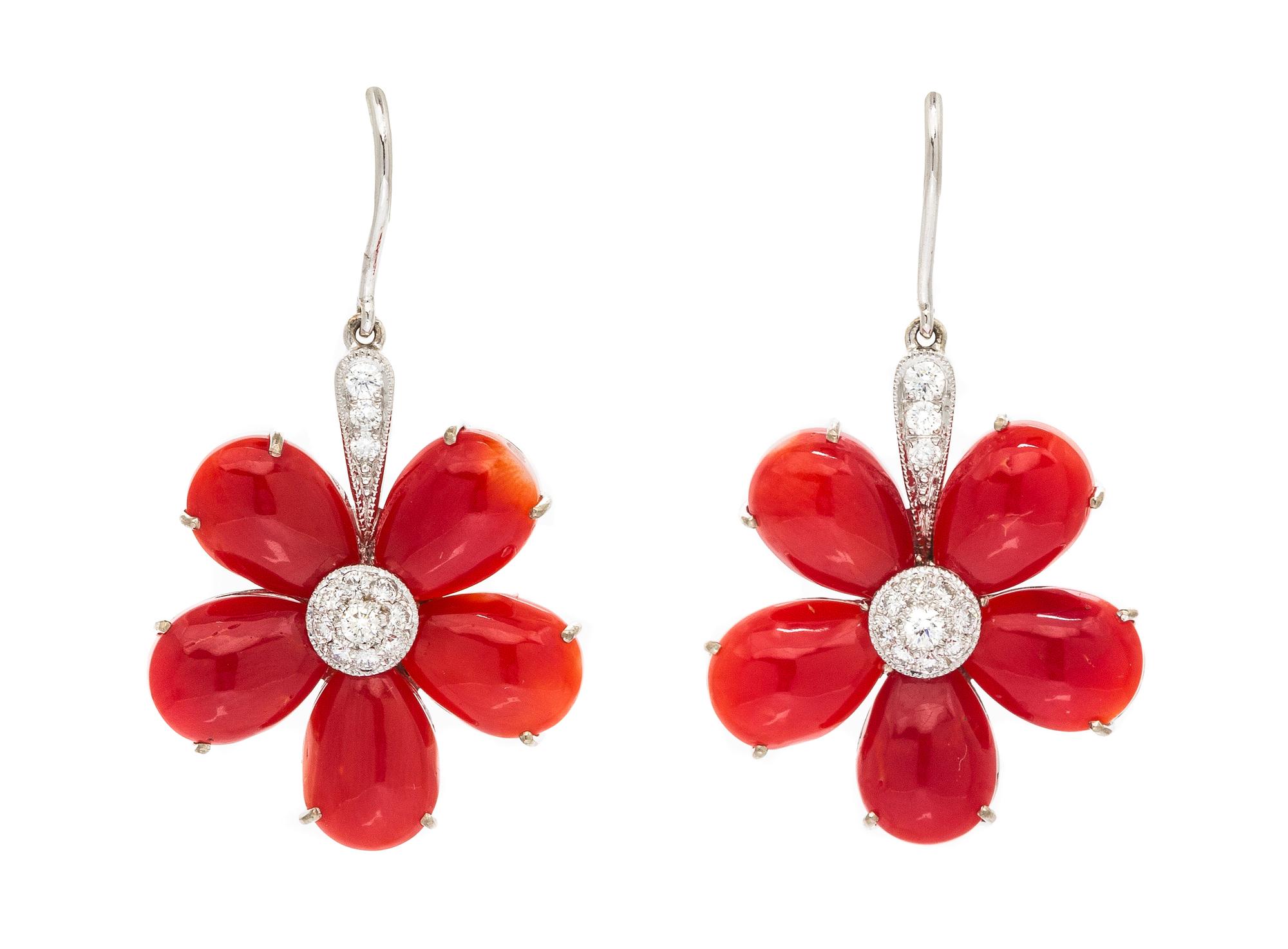 A Pair of 18 Karat White Gold, Coral and Diamond Flower Earrings, Eli Frei, 5.30 dwts.