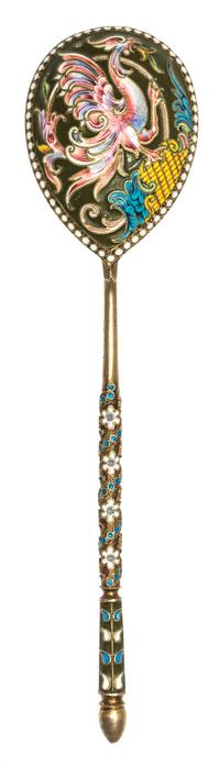 A Russian Silver-Gilt and Enamel Spoon, Mark of Third Artel, Moscow, early 20th century, the underside of the bowl with a polychrome bi