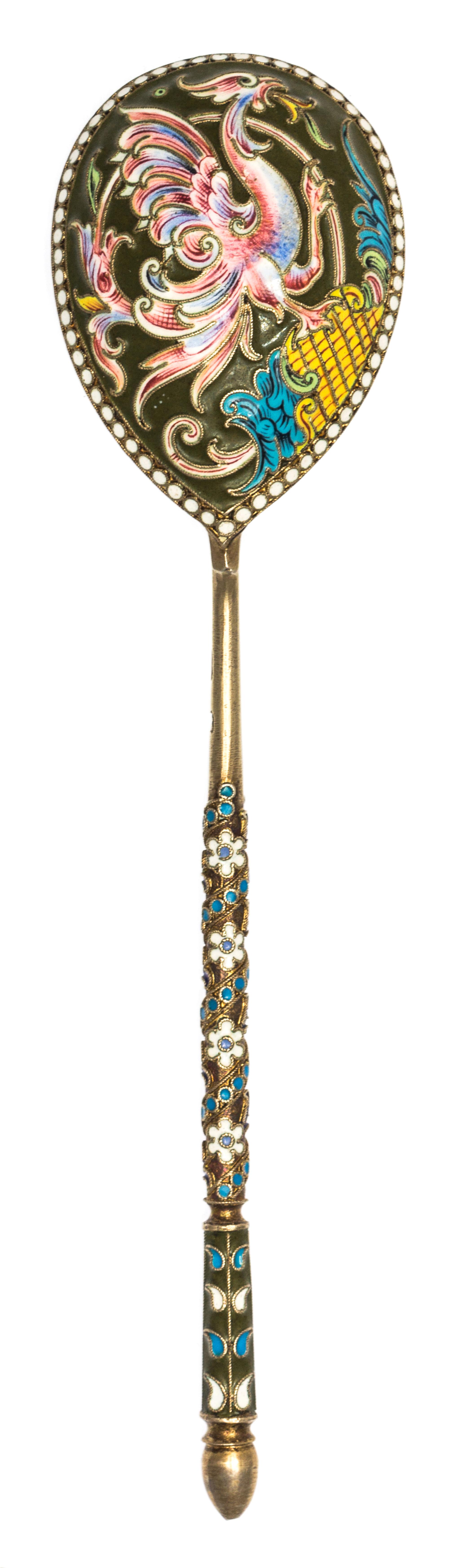 A Russian Silver-Gilt and Enamel Spoon, Mark of Third Artel, Moscow, early 20th century, the underside of the bowl with a polychrome bi