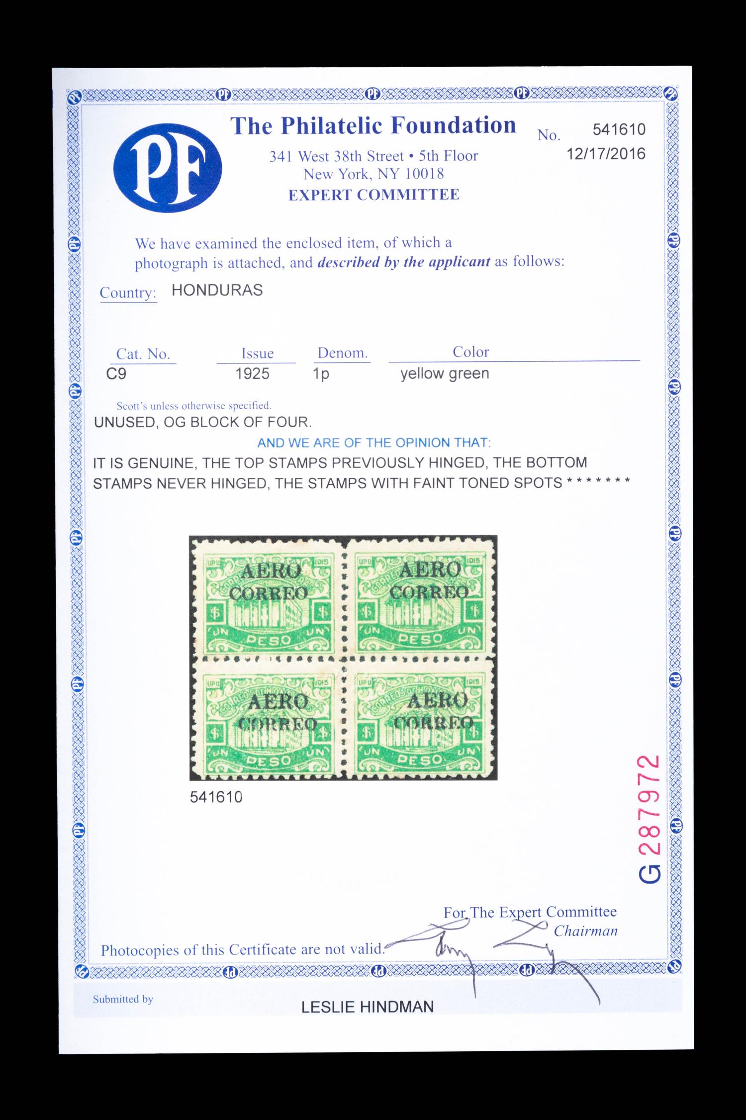 HONDURAS. Airmail. 1925. 1p. Yellow-Green (#C9), Block of Four