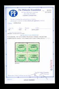 HONDURAS. Airmail. 1925. 1p. Yellow-Green (#C9), Block of Four