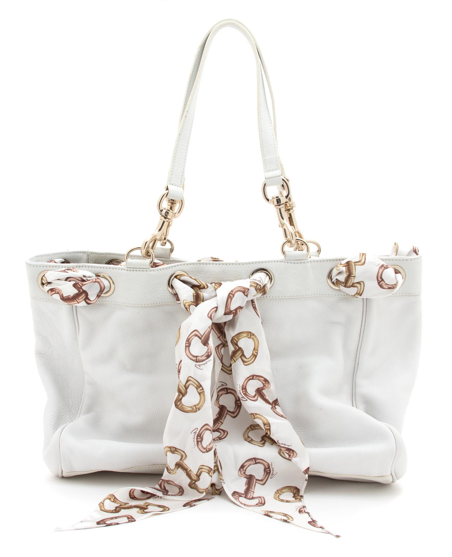 A Gucci White Leather Positano Scarf Tote, 18" x 11" x 6"; Strap drop: 10".