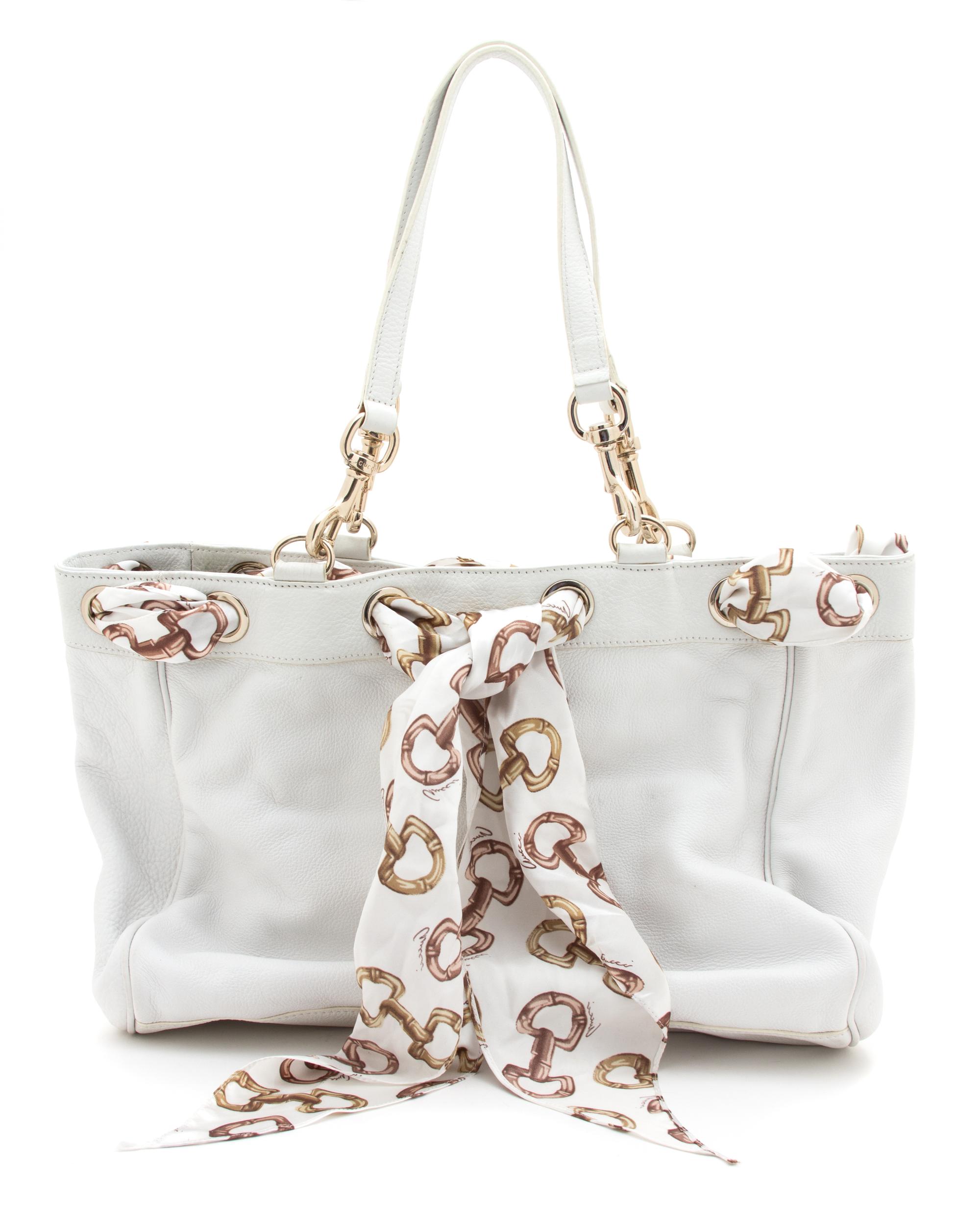 A Gucci White Leather Positano Scarf Tote, 18" x 11" x 6"; Strap drop: 10".