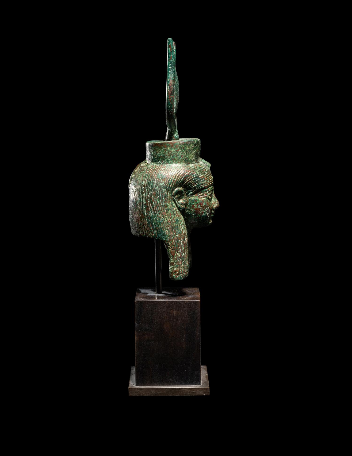An Egyptian Bronze Bust of Hathor with Bone Inlay