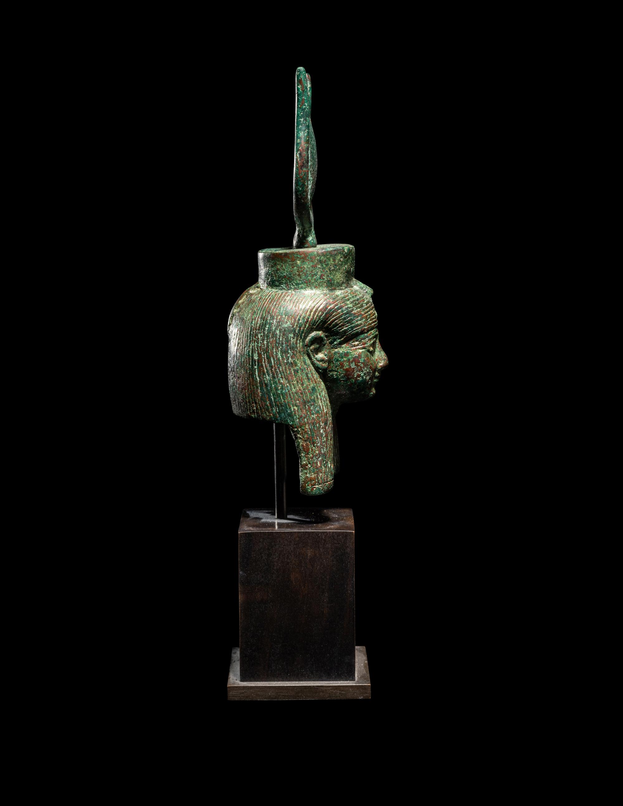 An Egyptian Bronze Bust of Hathor with Bone Inlay