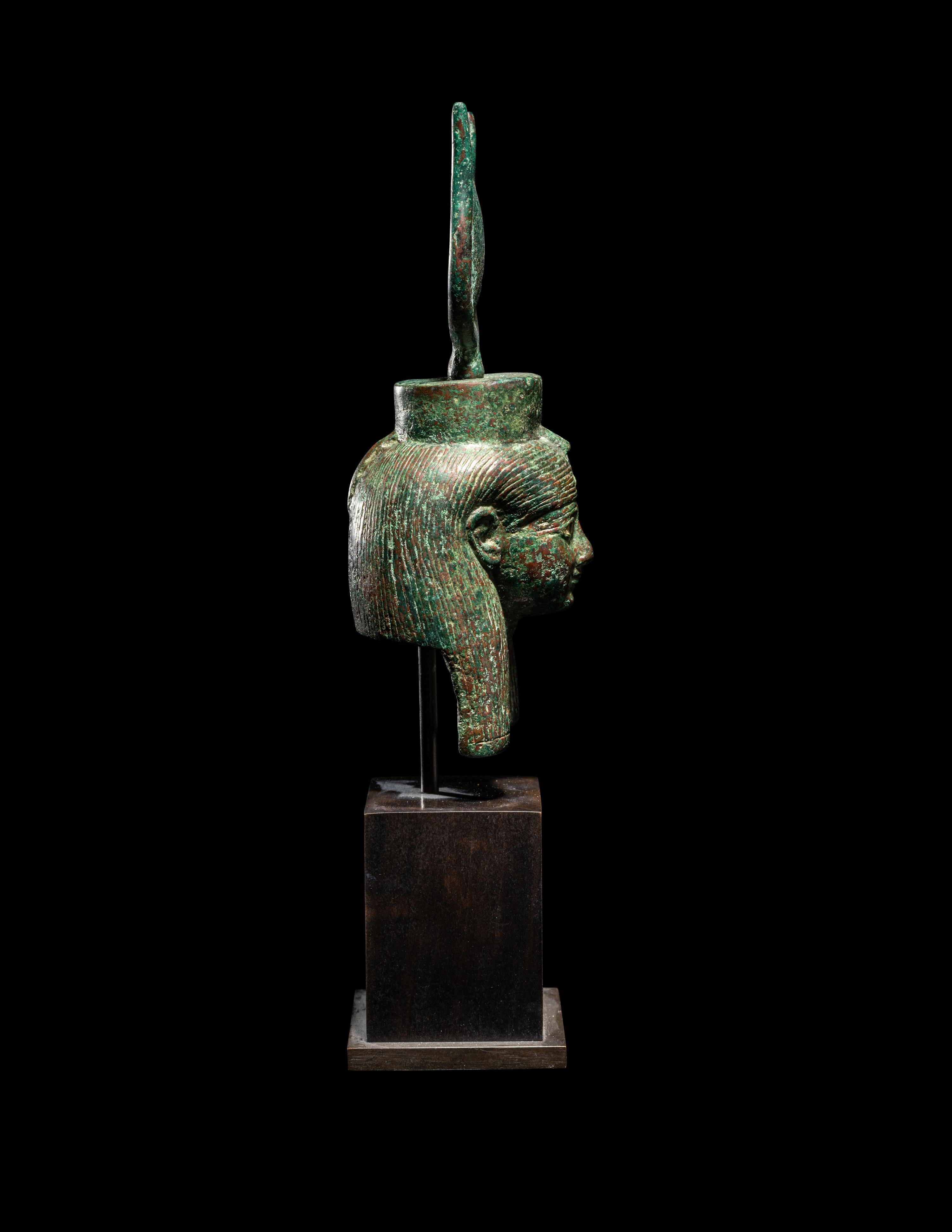 An Egyptian Bronze Bust of Hathor with Bone Inlay