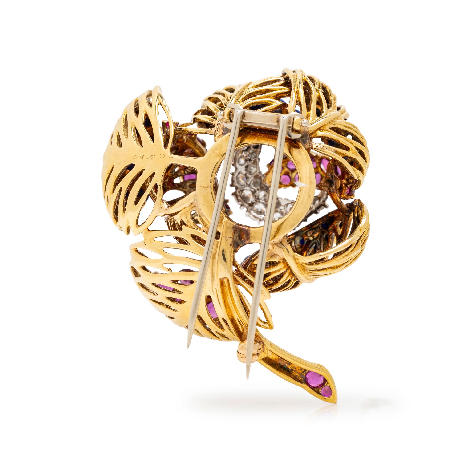 YELLOW GOLD, LAPIS LAZULI, RUBY AND DIAMOND FLOWER BROOCH